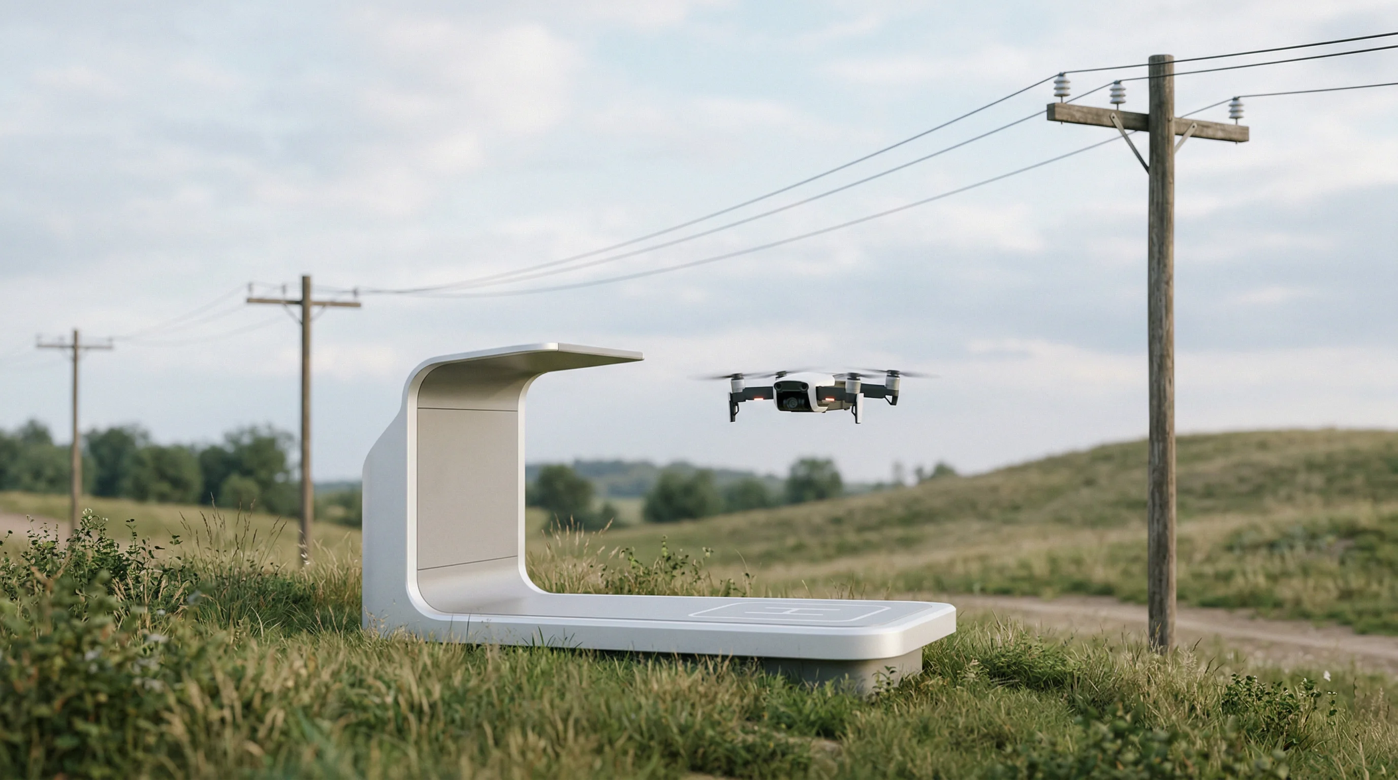 Digital illustration for article section "The Dock Solution—and Its Limits" in "Drones That Charge on Power Lines: The Race to Automate Grid Inspection" - Create an image showing a drone docking station, positioned near power infrastructure. The station s...