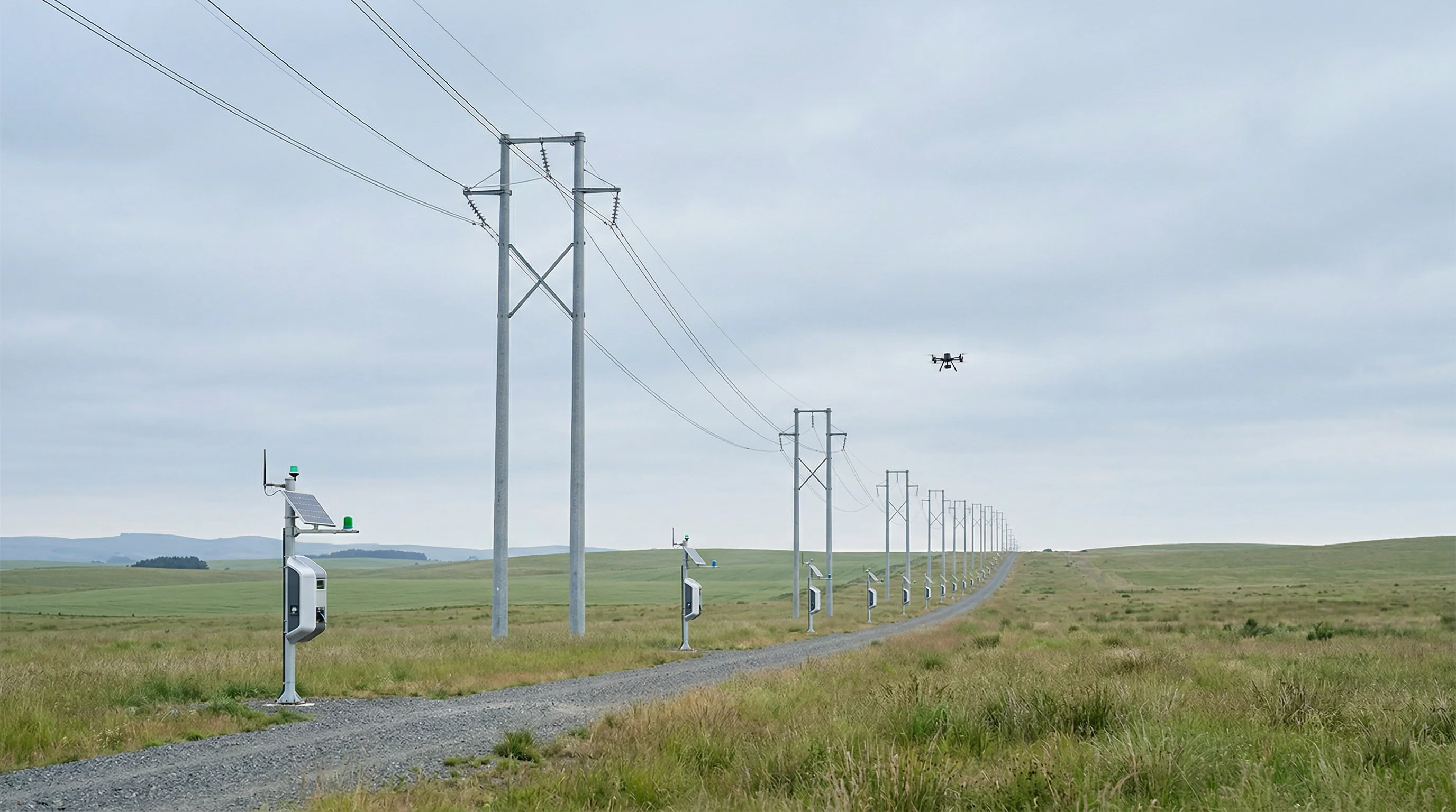 Digital illustration for article section "The Safety Gauntlet" in "Drones That Charge on Power Lines: The Race to Automate Grid Inspection" - Show a power transmission corridor with evenly spaced charging nodes. Include a drone in the distanc...