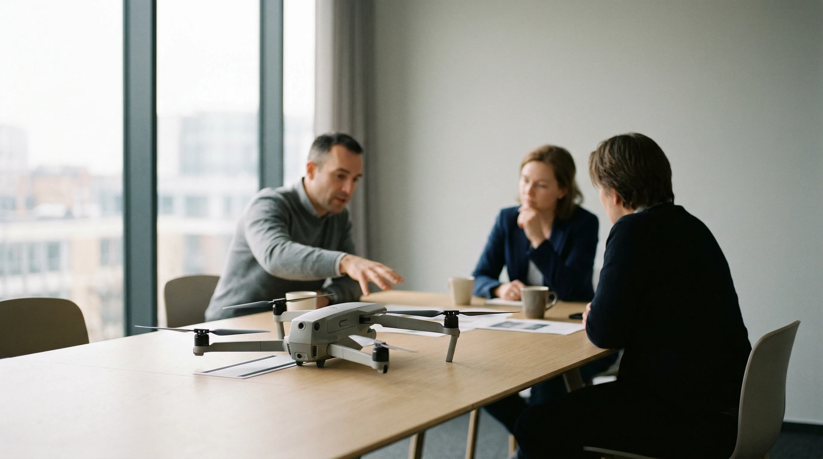 Digital illustration for article section "The Cultural Hurdle" in "Drones That Charge on Power Lines: The Race to Automate Grid Inspection" - Generate an image showing a meeting room with a prototype drone model on the table and people (not i...