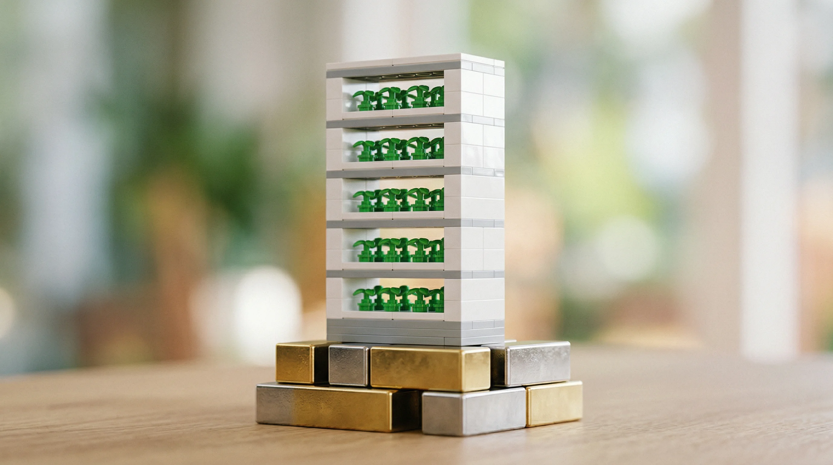 Digital illustration for article section "The New Reality of Financing" in "Vertical Farming's $2B Collapse: Why Indoor Agriculture Failed Economics" - A high-resolution macro photography scene depicts the concept of asset-based lending within the vert...