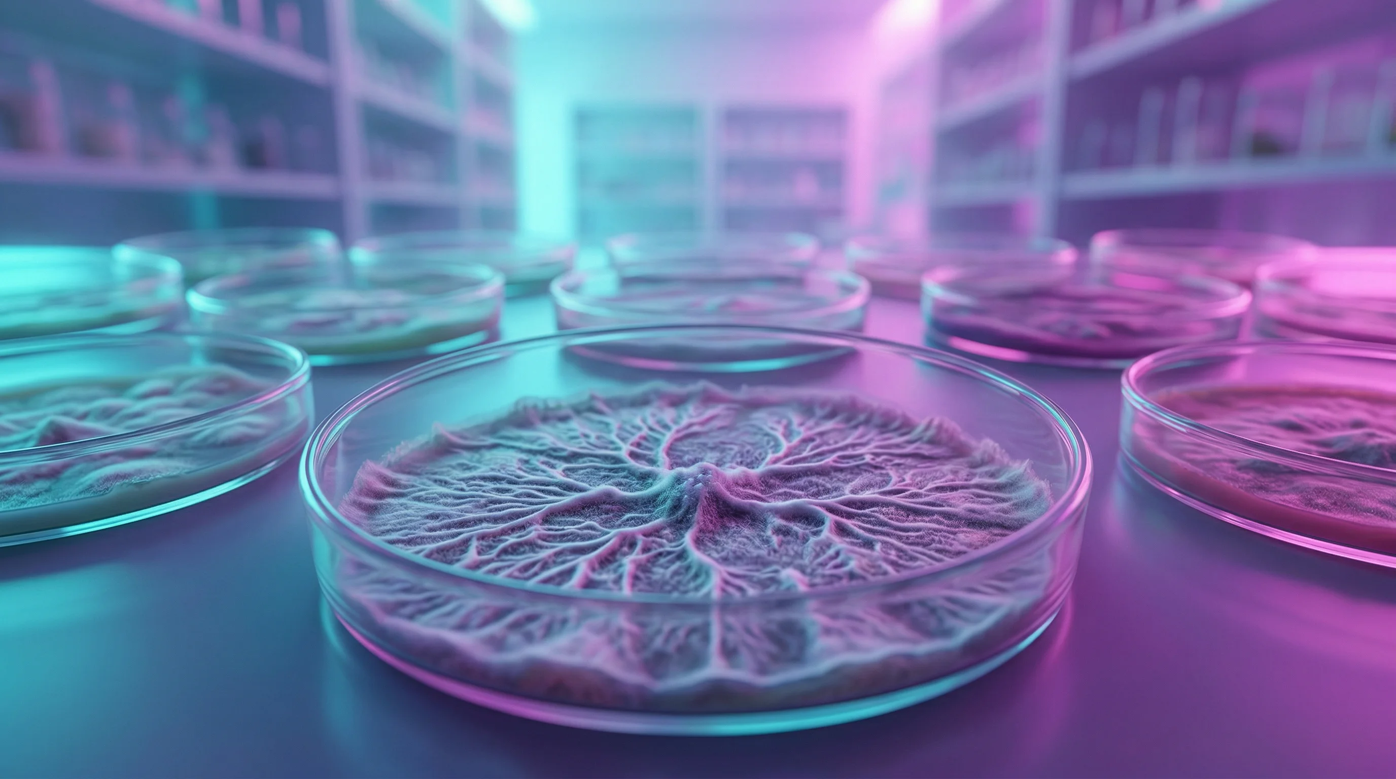 Digital illustration for article section "AI Meets Four Decades of Fungal Samples" in "Mycoverse Raises €2.4M to Replace Pesticides with AI-Mined Fungi" - A macro, cinematic close-up of a sleek, modern scientific archive showcasing a curated collection of...