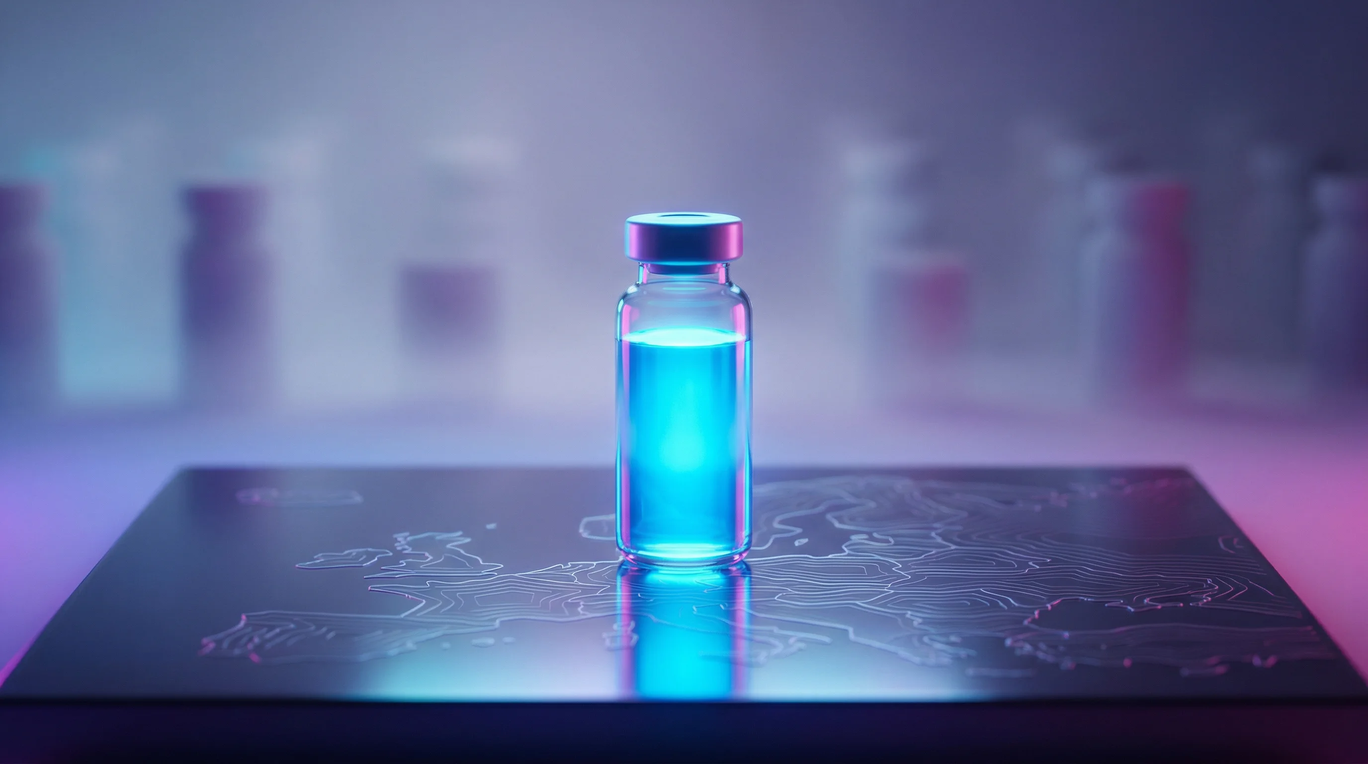 Digital illustration for article section "Spending the Money" in "Mycoverse Raises €2.4M to Replace Pesticides with AI-Mined Fungi" - A minimalist and surreal composition centers on a sleek, futuristic glass vial containing a glowing,...