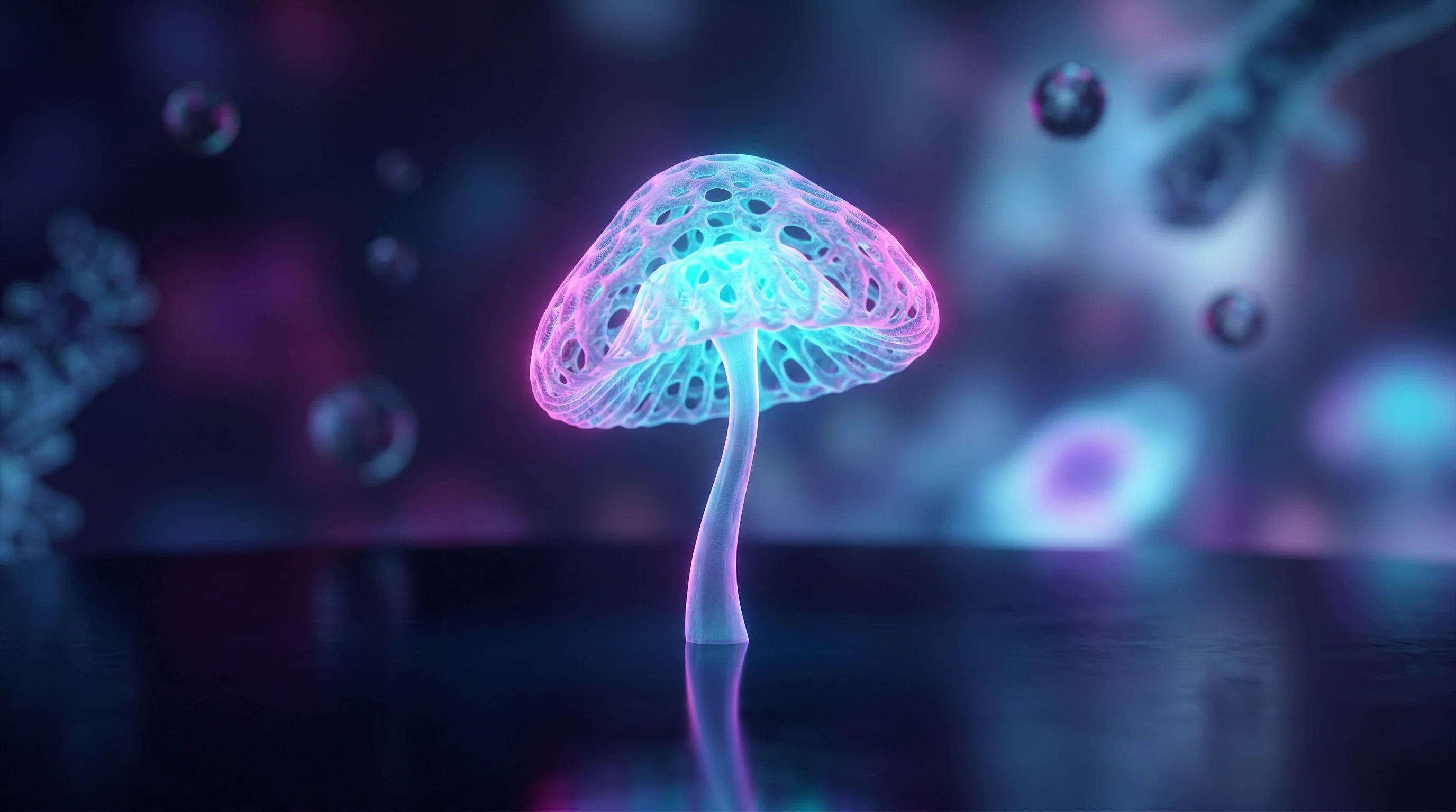 Digital illustration for article section "The Bigger Picture" in "Mycoverse Raises €2.4M to Replace Pesticides with AI-Mined Fungi" - A macro, close-up visualization of advanced fungal chemistry featuring a single, translucent mushroo...