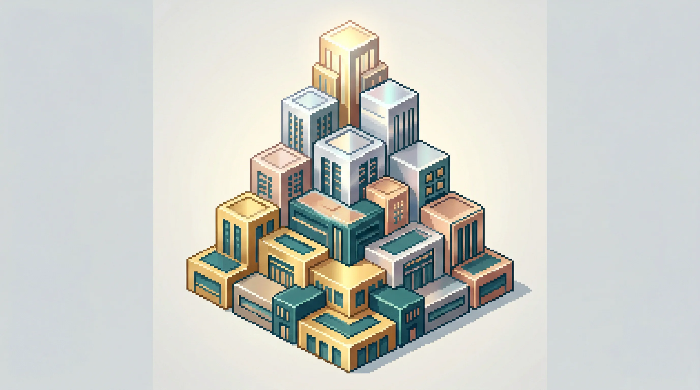Digital illustration for article section "The Money and the Model" in "Antiverse Raises $9.3M to Target 'Undruggable' Diseases with AI" - An isometric pixel art visualization featuring a sleek, ascending financial structure composed of st...