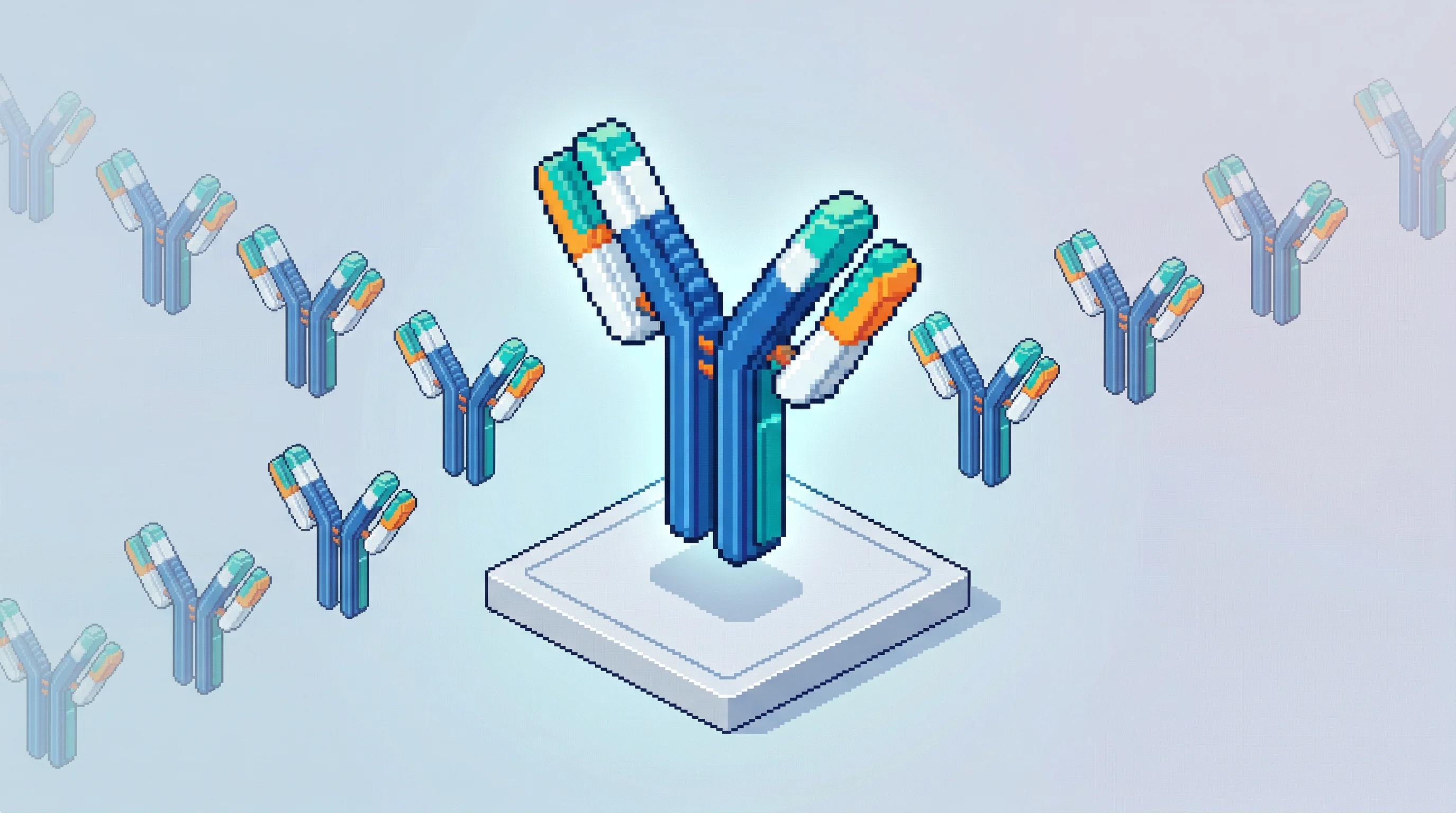 Digital illustration for article section "What Comes Next" in "Antiverse Raises $9.3M to Target 'Undruggable' Diseases with AI" - An isometric pixel art composition visualizing the scaling of antibody programs, featuring a central...
