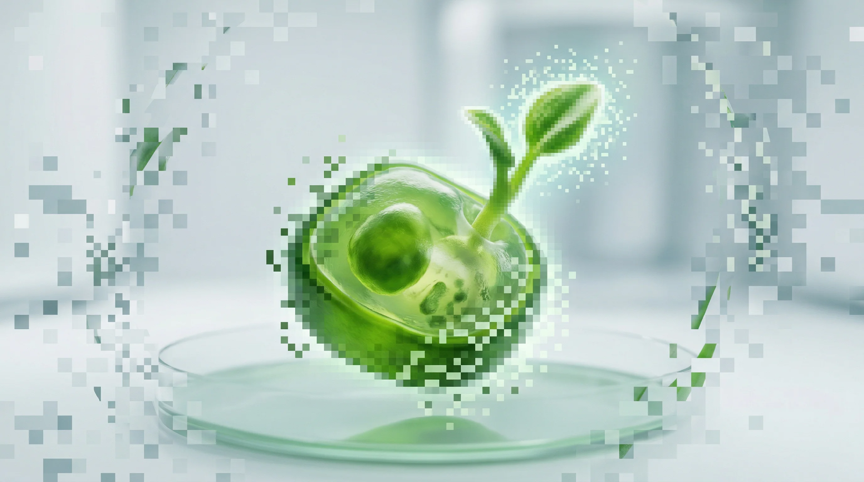 Digital illustration for article section "Inside the Cell Lab" in "Amatera Raises $7M Seed to Build Climate-Proof Coffee Varieties" - A high-concept visualization of a single plant cell floating in a nutrient-rich culture medium, capt...