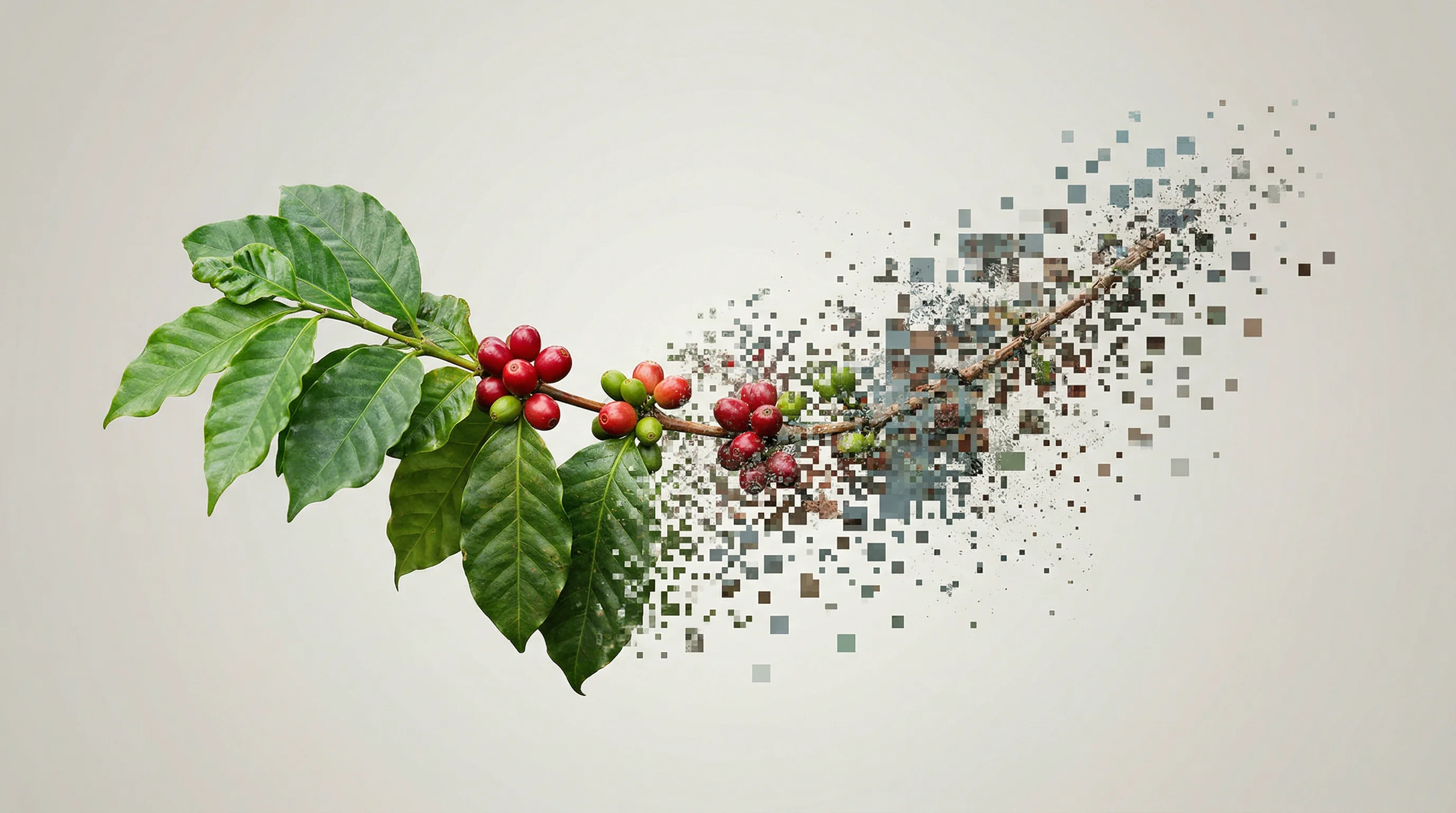 Digital illustration for article section "The Climate Math That Won't Wait" in "Amatera Raises $7M Seed to Build Climate-Proof Coffee Varieties" - Create a striking conceptual image centering on a single, high-definition coffee branch with ripe ch...