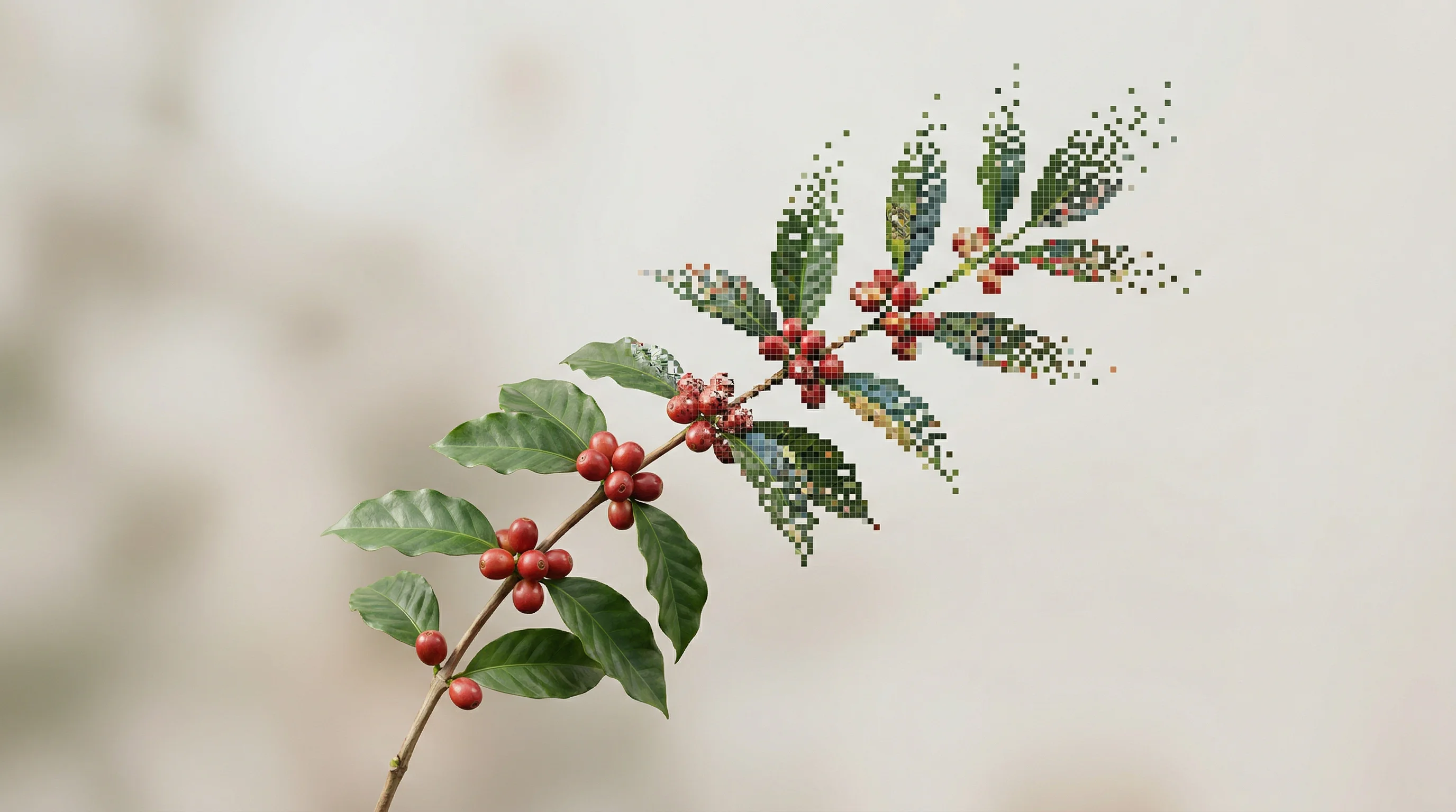 Digital illustration for article section "Beyond the Coffee Belt" in "Amatera Raises $7M Seed to Build Climate-Proof Coffee Varieties" - A minimalist and conceptual composition featuring a single, stylized coffee branch extending upward ...