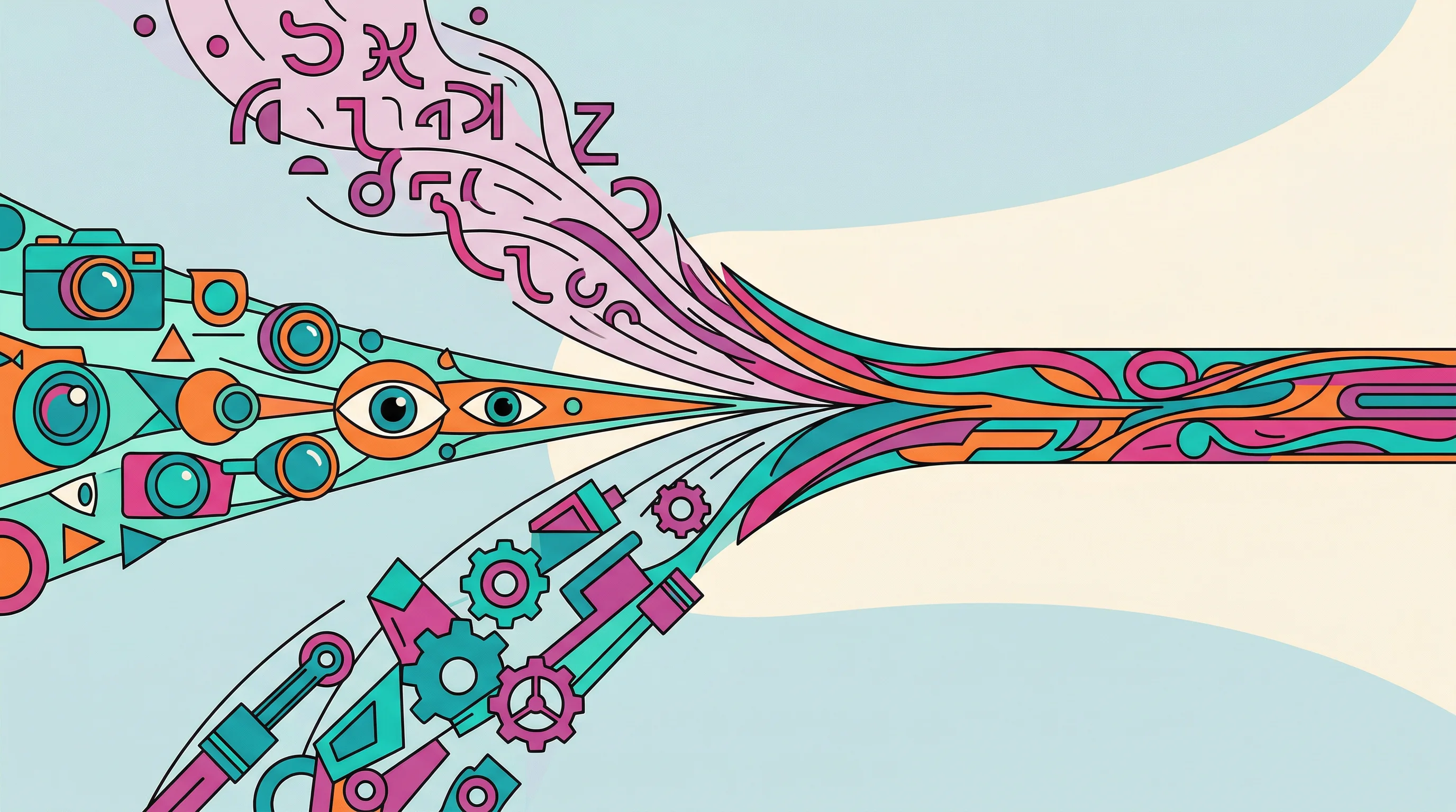 Digital illustration for article section "Three Converging Forces" in "Inside Human Archive's Quest to Solve Robotics' Data Problem" - A conceptual illustration depicting three distinct energetic streams converging into a single, unifi...