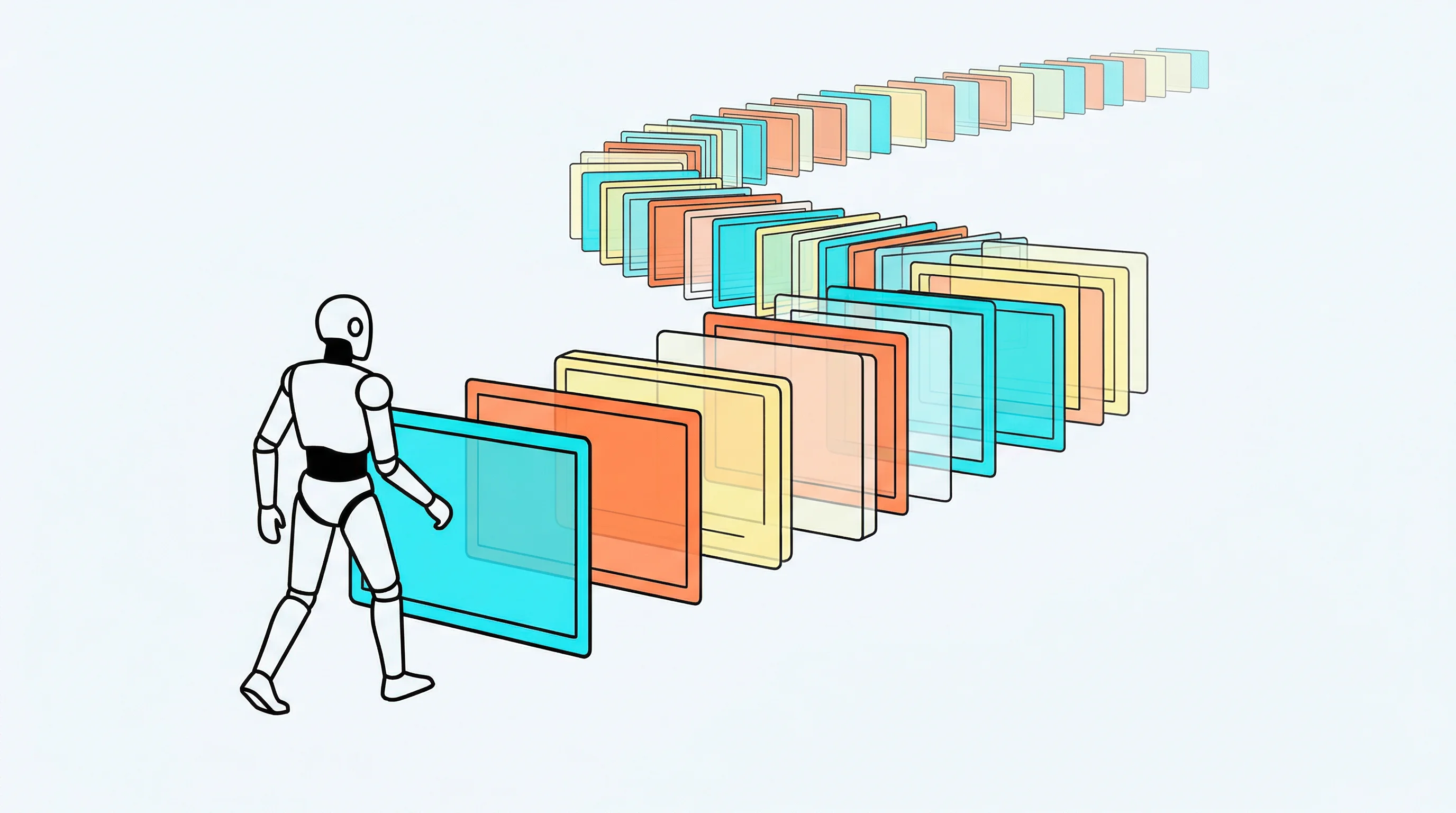 Digital illustration for article section "The Long Game" in "Inside Human Archive's Quest to Solve Robotics' Data Problem" - A conceptual illustration depicting the "Long Game" of embodied AI development, featuring a simplifi...