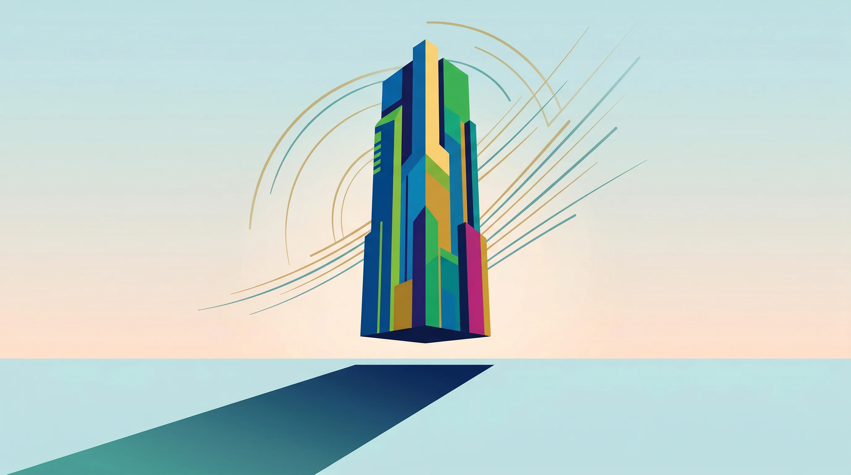 Digital illustration for article section "The GPU Shadow Over Everything" in "The Race to Build AI Scientists That Can Run Research Alone" - A towering, abstract monolithic structure representing a next-generation GPU processor dominates the...