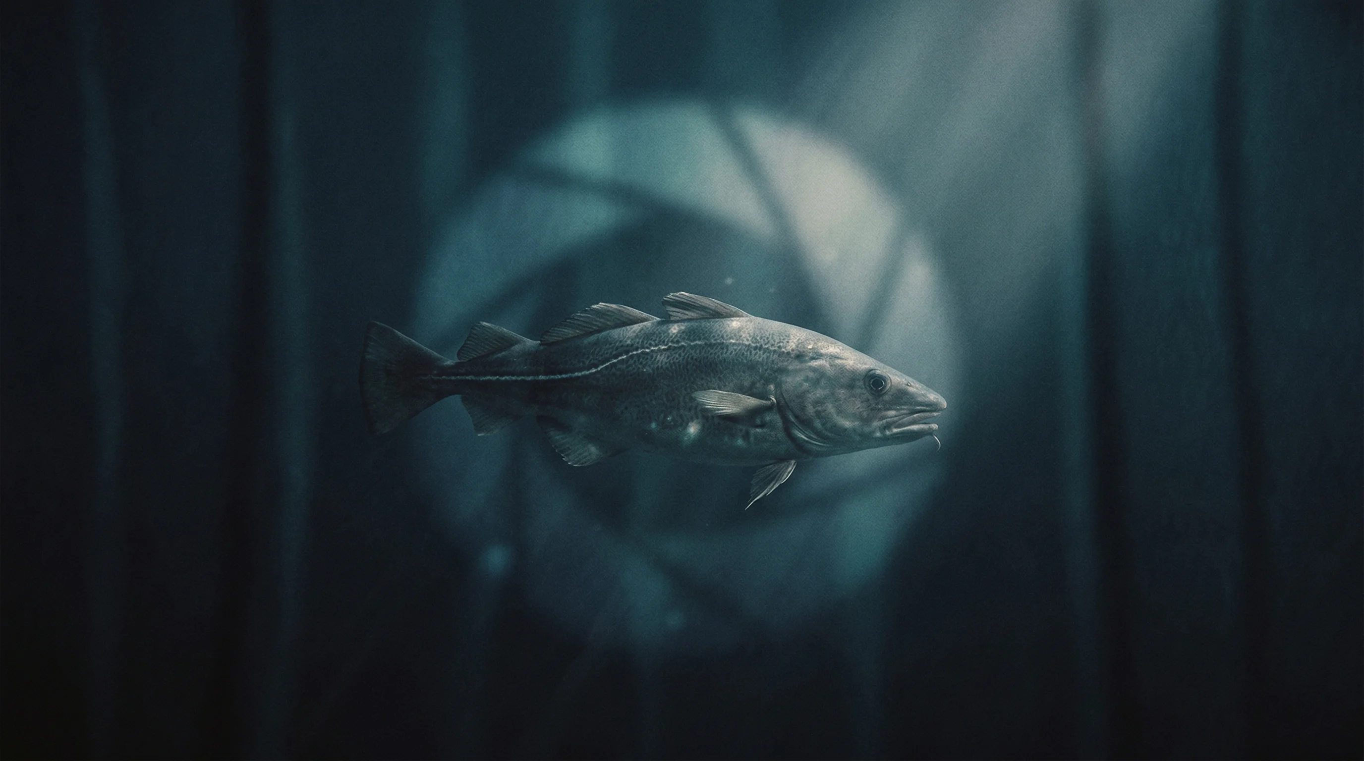 Digital illustration for article section "The Cameras Are Already Watching" in "AI Vision Systems Transform Fish Farming as Industry Races to Automate" - A cinematic, surreal underwater composition focusing on a single, majestic fish swimming through the...