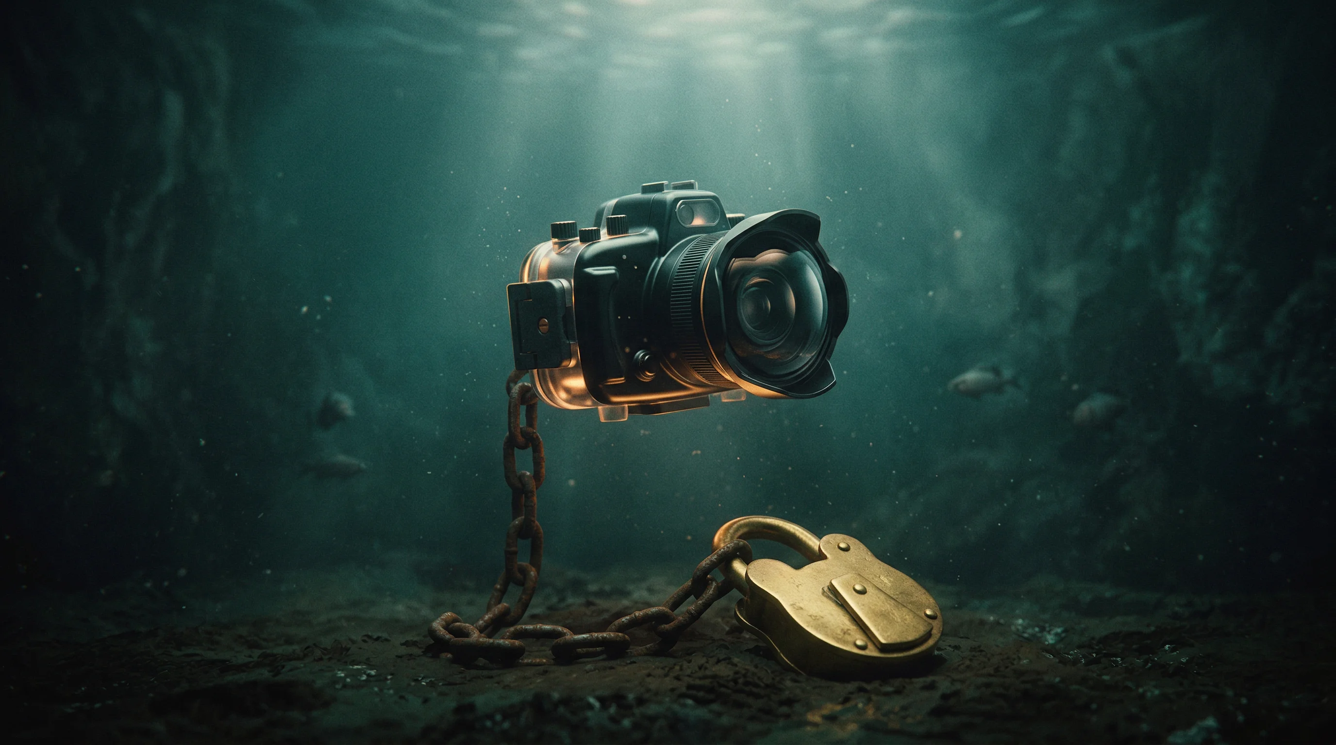Digital illustration for article section "The Caveats Aren't Trivial" in "AI Vision Systems Transform Fish Farming as Industry Races to Automate" - A conceptual and surreal cinematic composition featuring a sleek, high-tech underwater camera lens h...
