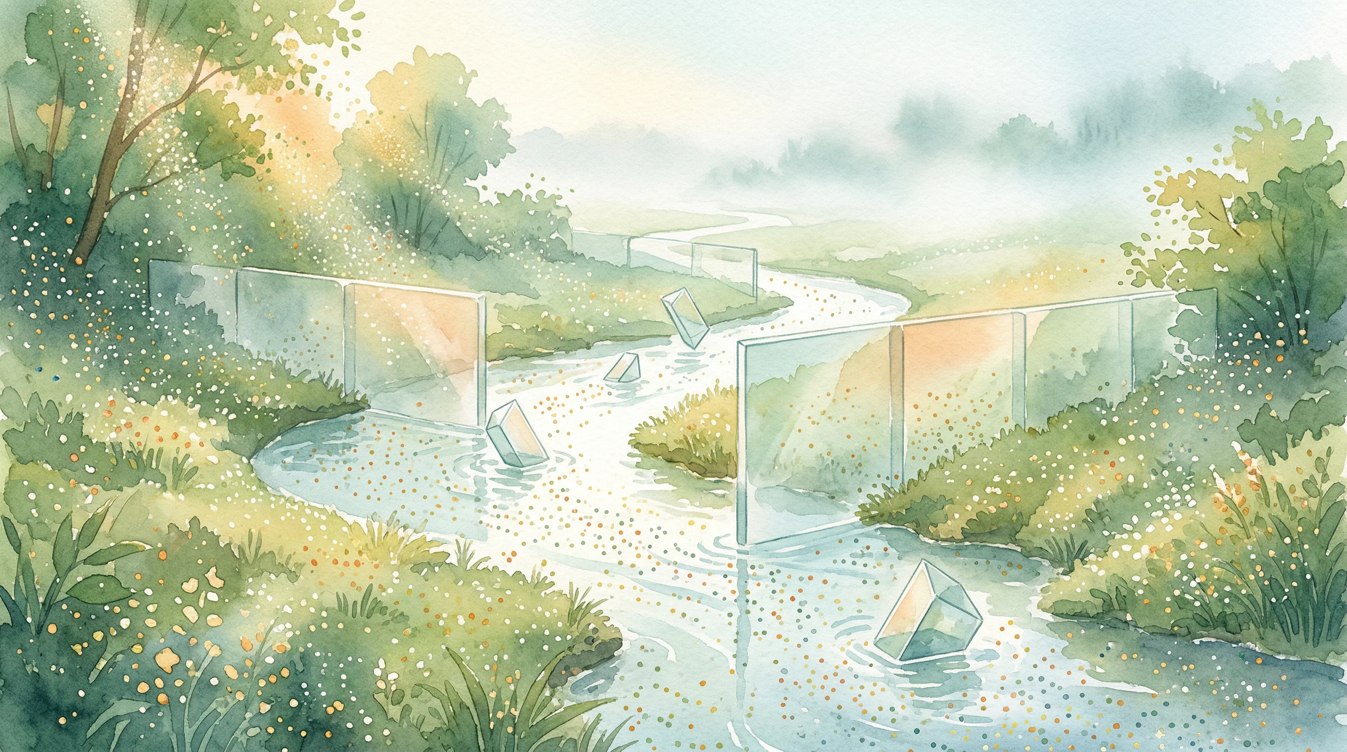 Digital illustration for article section "What's Left Unresolved" in "Foundation Models Race to Fill Biology's Data Gaps" - A conceptual, dreamlike watercolor illustration depicting the flow of genomic data as a serene, wind...