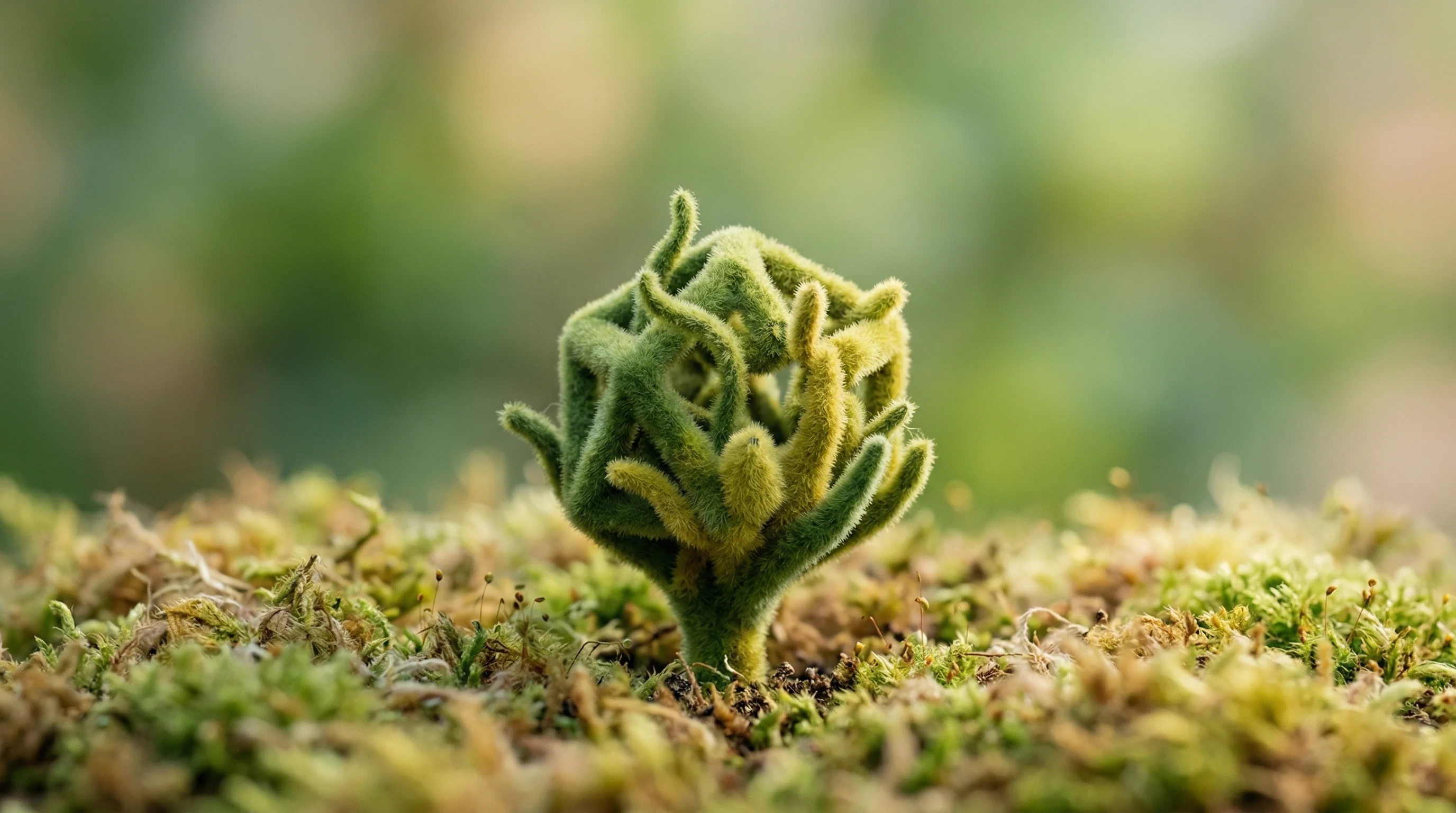 Digital illustration for article section "What Comes Next" in "The AI Cost Crisis: How Context Compression APIs Aim to Cut Token Bills" - A surreal macro close-up of a singular, half-formed geometric seedling emerging from a soft, texture...