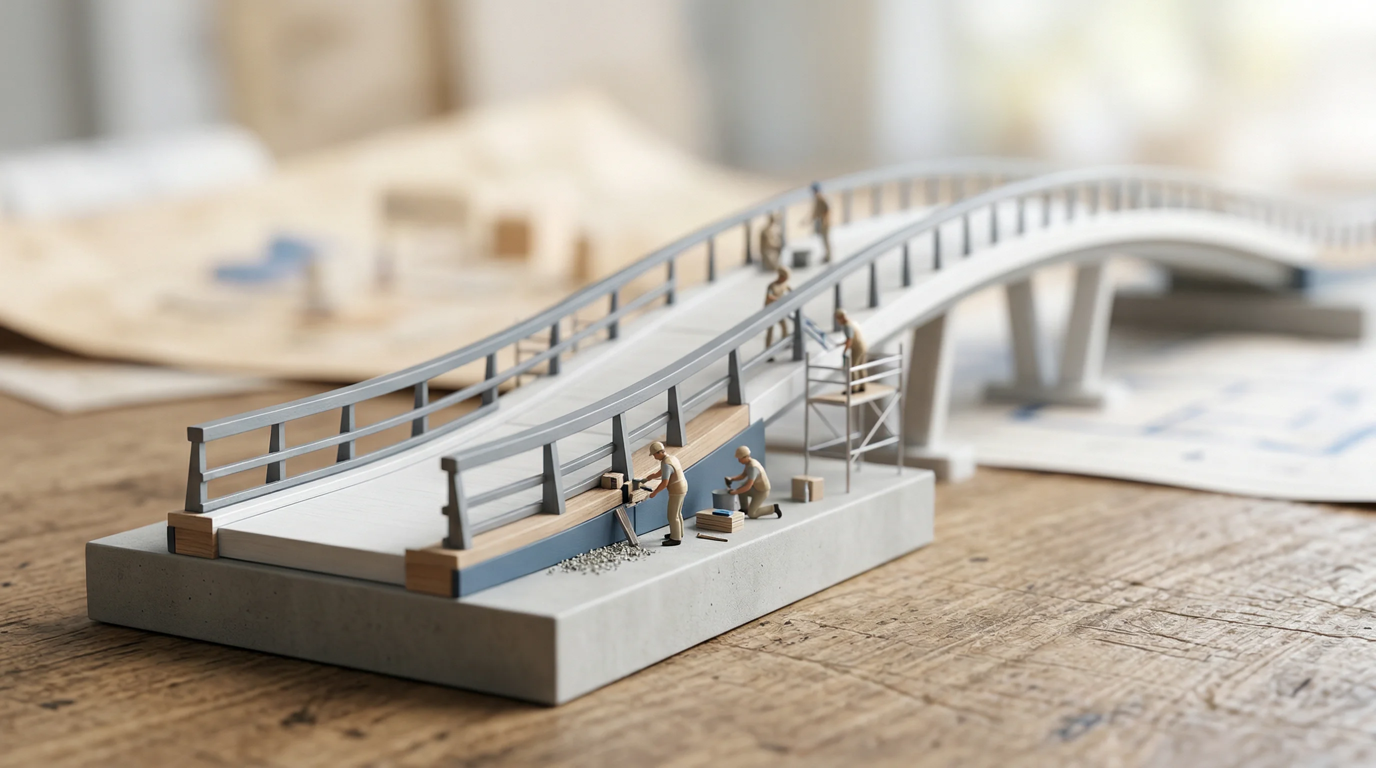 Digital illustration for article section "What Happens Next" in "YC-Backed Salus Launches Pre-Execution Guardrails for AI Agents" - A macro tilt-shift photograph of a stylized, miniature architectural model representing the evolutio...