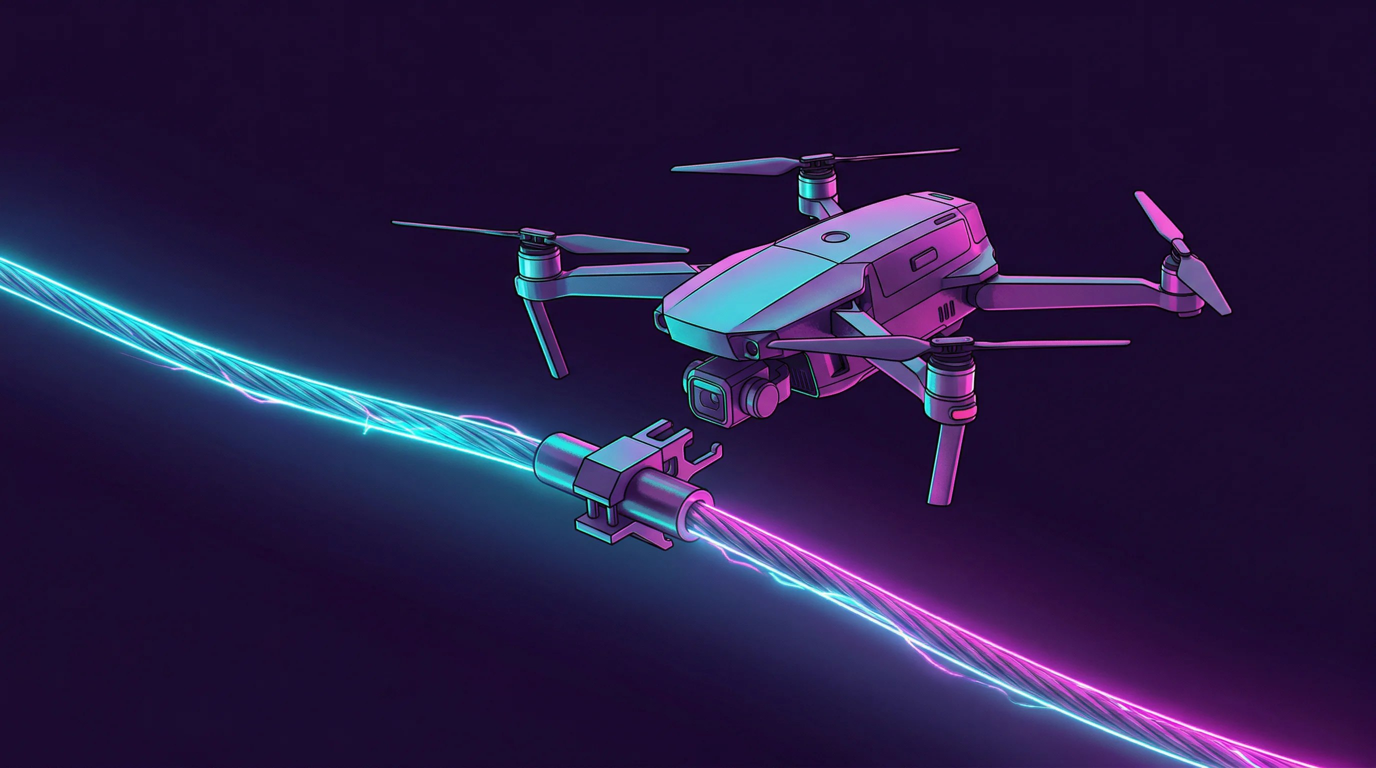 Digital illustration for article section "Messaging vs. Reality" in "Self-Charging Drones That Feed Off Power Lines Target $3B Grid Market" - A conceptual illustration focused on a sleek, modern drone maneuvering to dock with a high-voltage t...