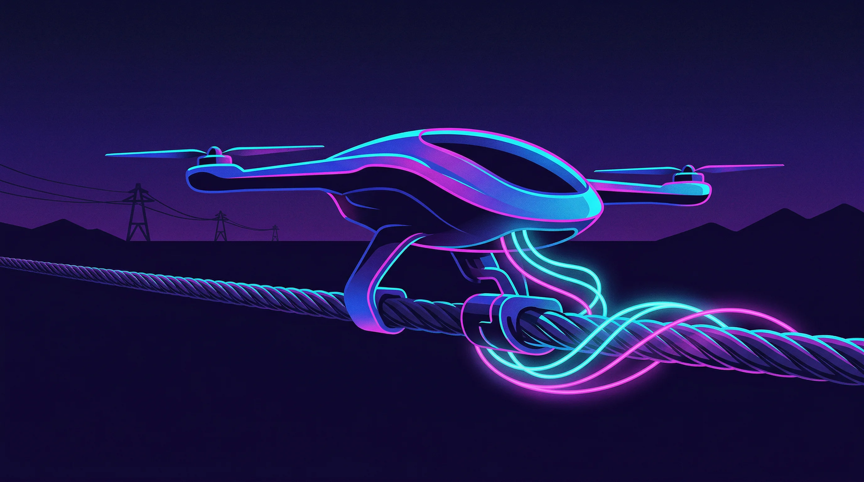 Digital illustration for article section "The Path Forward (and Its Obstacles)" in "Self-Charging Drones That Feed Off Power Lines Target $3B Grid Market" - A sleek, autonomous drone is depicted perched securely atop a thick, high-voltage transmission line,...