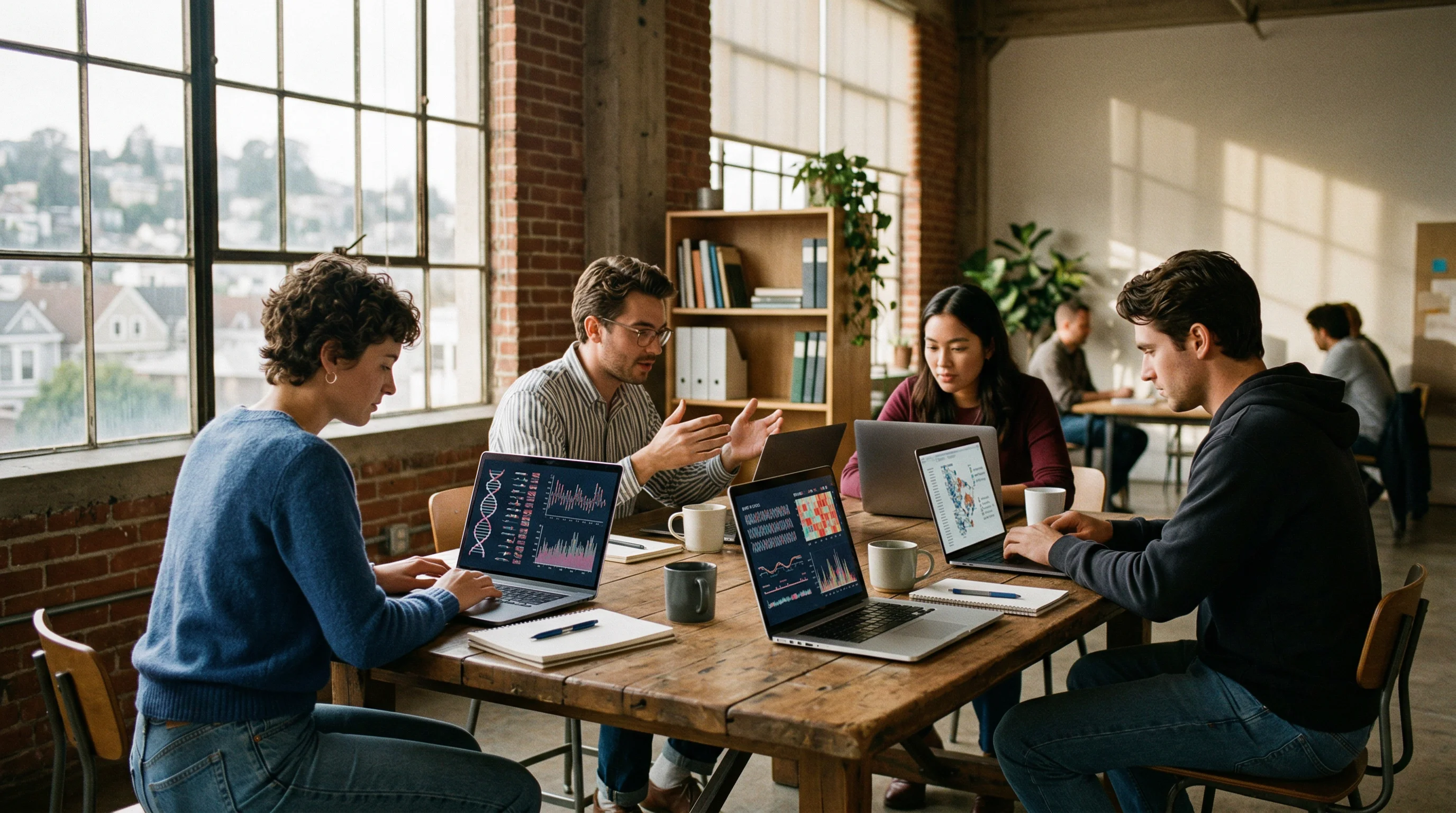 Digital illustration for article section "Four People and a Genomic Code-Breaking Ambition" in "How AI-Designed DNA Is Making Gene Therapies Safer" - A cinematic, slightly low-angle shot of a collaborative workspace in a San Francisco loft, represent...
