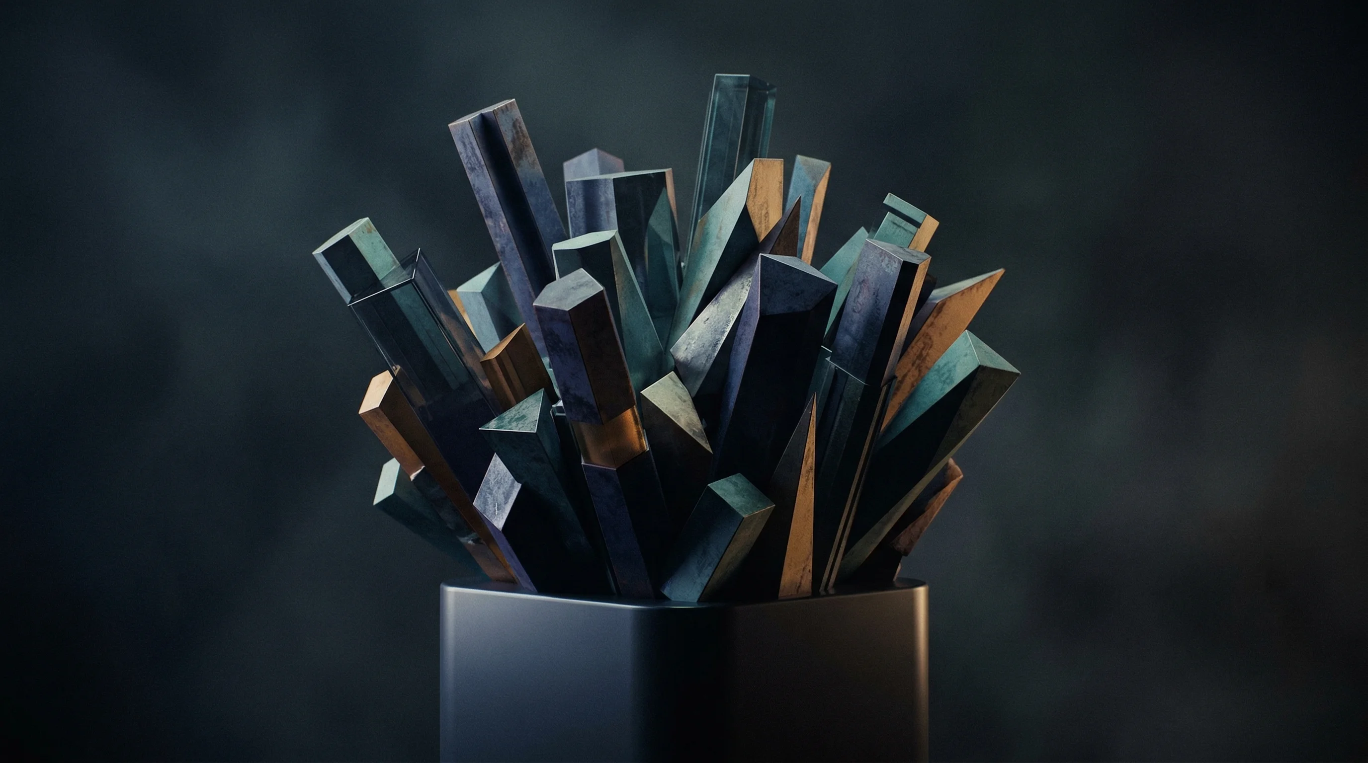 Digital illustration for article section "A Crowded Space, Different Angles" in "YC W26's RunAnywhere Launches SDK for On-Device AI at Enterprise Scale" - A surreal, cinematic composition depicting a tight cluster of distinct, abstract geometric prisms an...