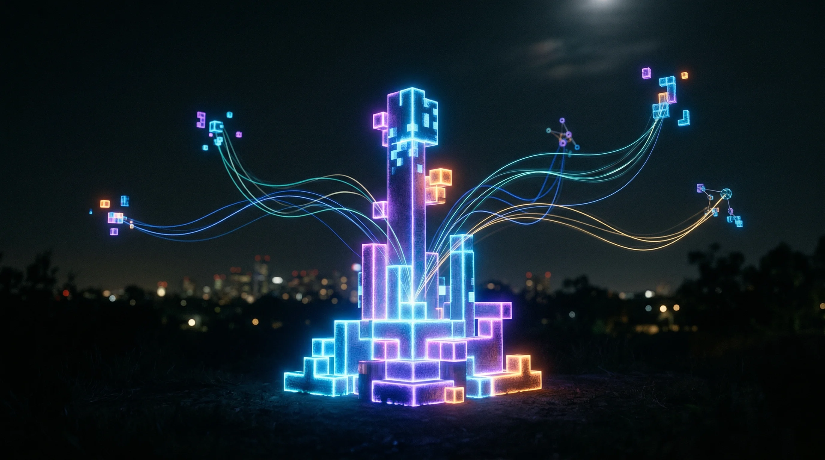 Digital illustration for article section "What Happens Next" in "Antihero Studios Raises $4.5M Seed Led by a16z for Mobile Shooter" - A conceptual visualization of digital infrastructure growth representing the building of "brand foun...