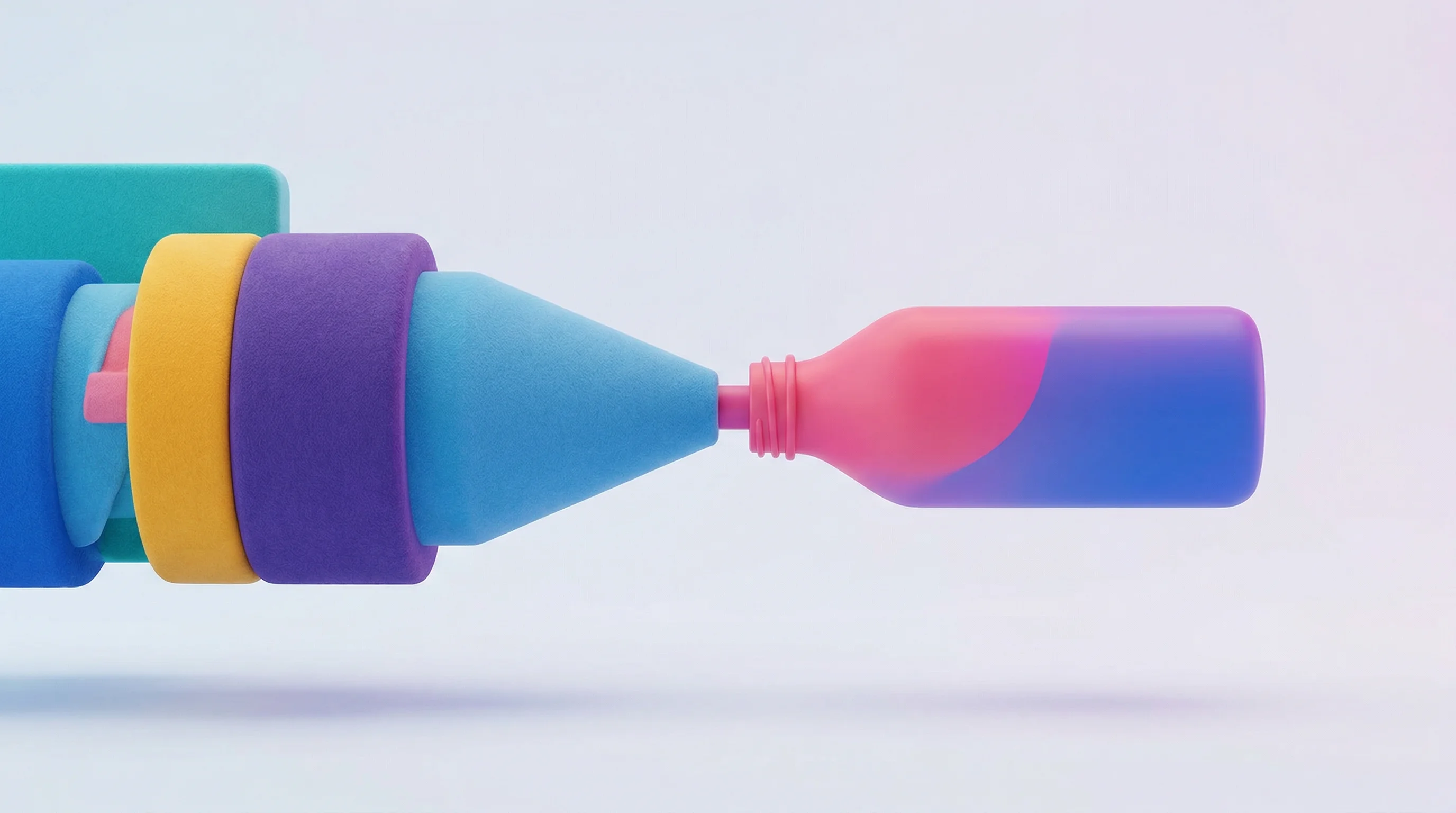 Digital illustration for article section "The Manufacturing Calculus" in "Shellworks Raises $15M to Scale Microbial Plastic Alternative" - A minimalist, high-end 3D illustration depicting a stylized injection molding nozzle seamlessly form...