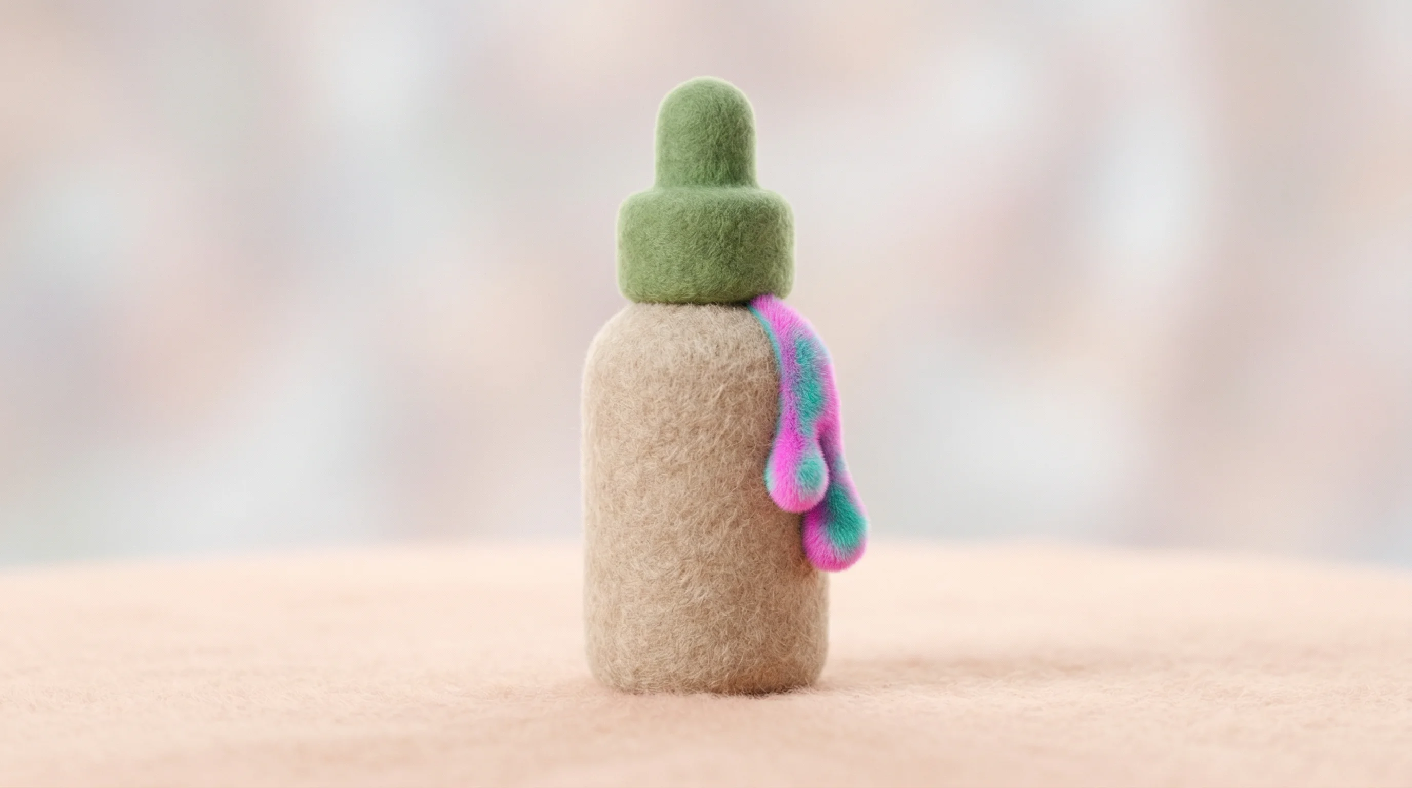 Digital illustration for article section "Beauty as Testing Ground" in "Shellworks Raises $15M to Scale Microbial Plastic Alternative" - A high-quality 3D illustration featuring a single, stylized beauty serum bottle acting as a focal po...