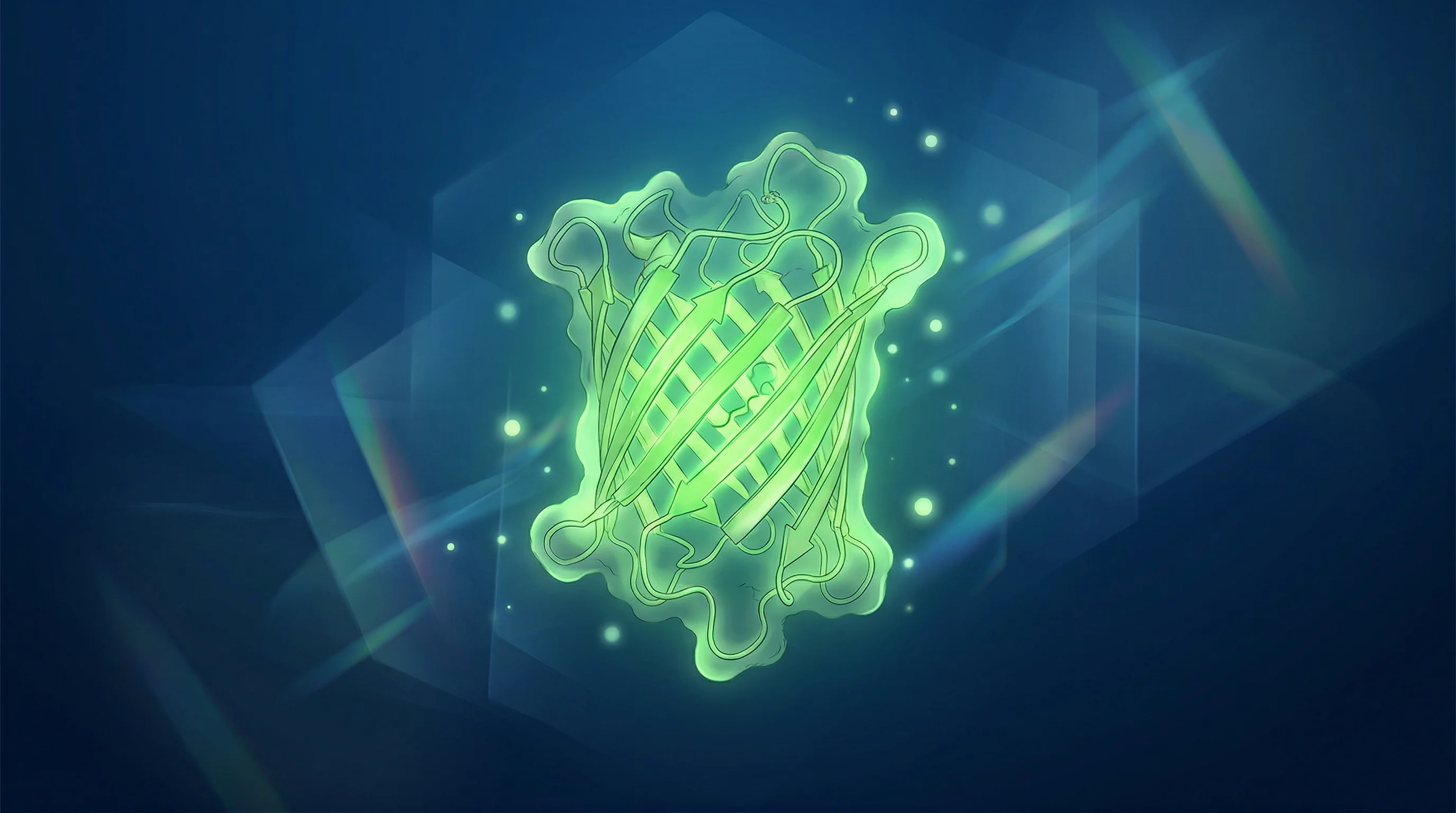 Digital illustration for article section "The AI Wild Card" in "Mining Parasites for Cures: How Ditto Bio Uses Evolution to Fight Disease" - A complex, luminescent protein structure floats as the central focal point, representing the novel e...
