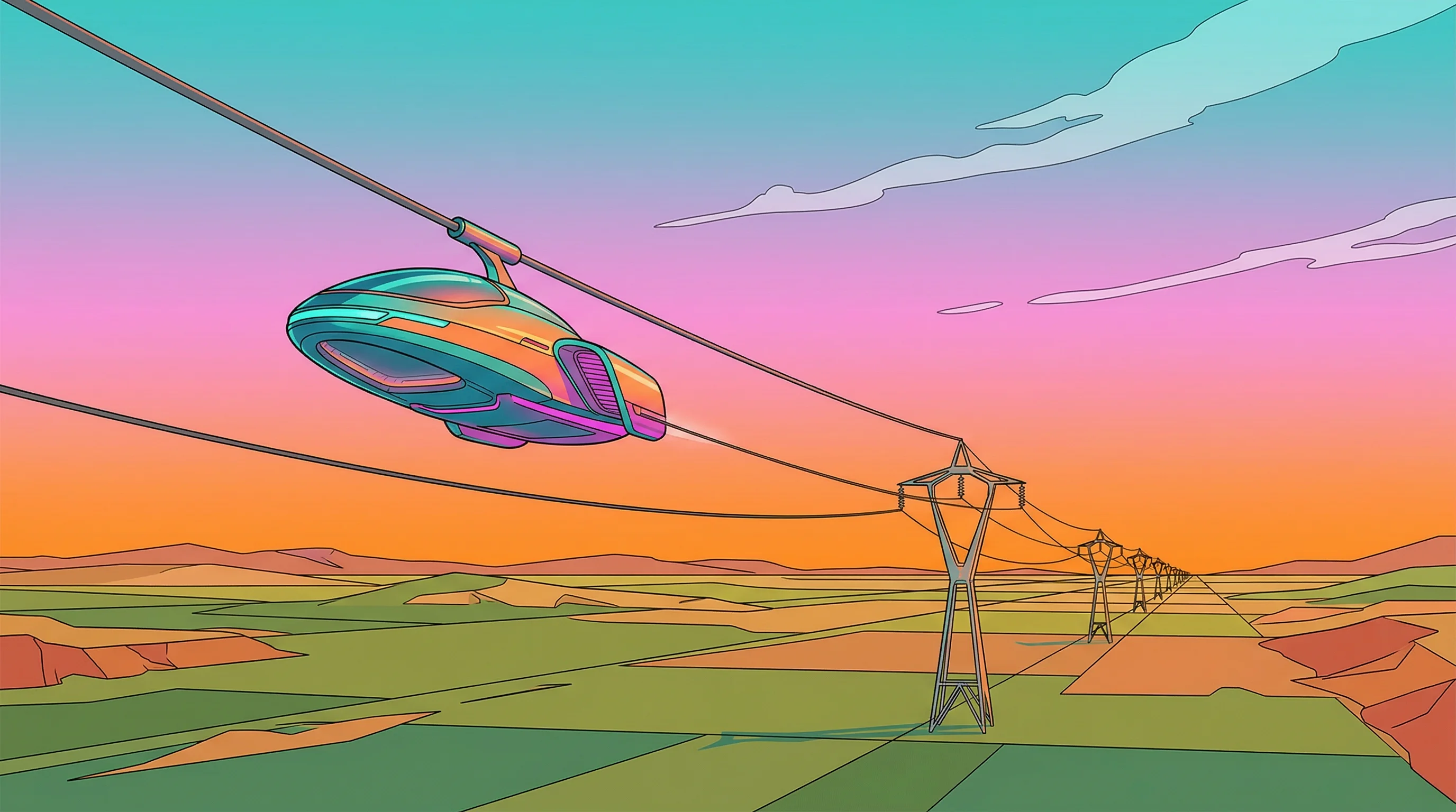 Digital illustration for article section "What Comes Next" in "Self-Charging Drones That Power from Transmission Lines Take Flight" - A Ligne Claire illustration depicting a sleek, futuristic drone suspended along a high-voltage trans...