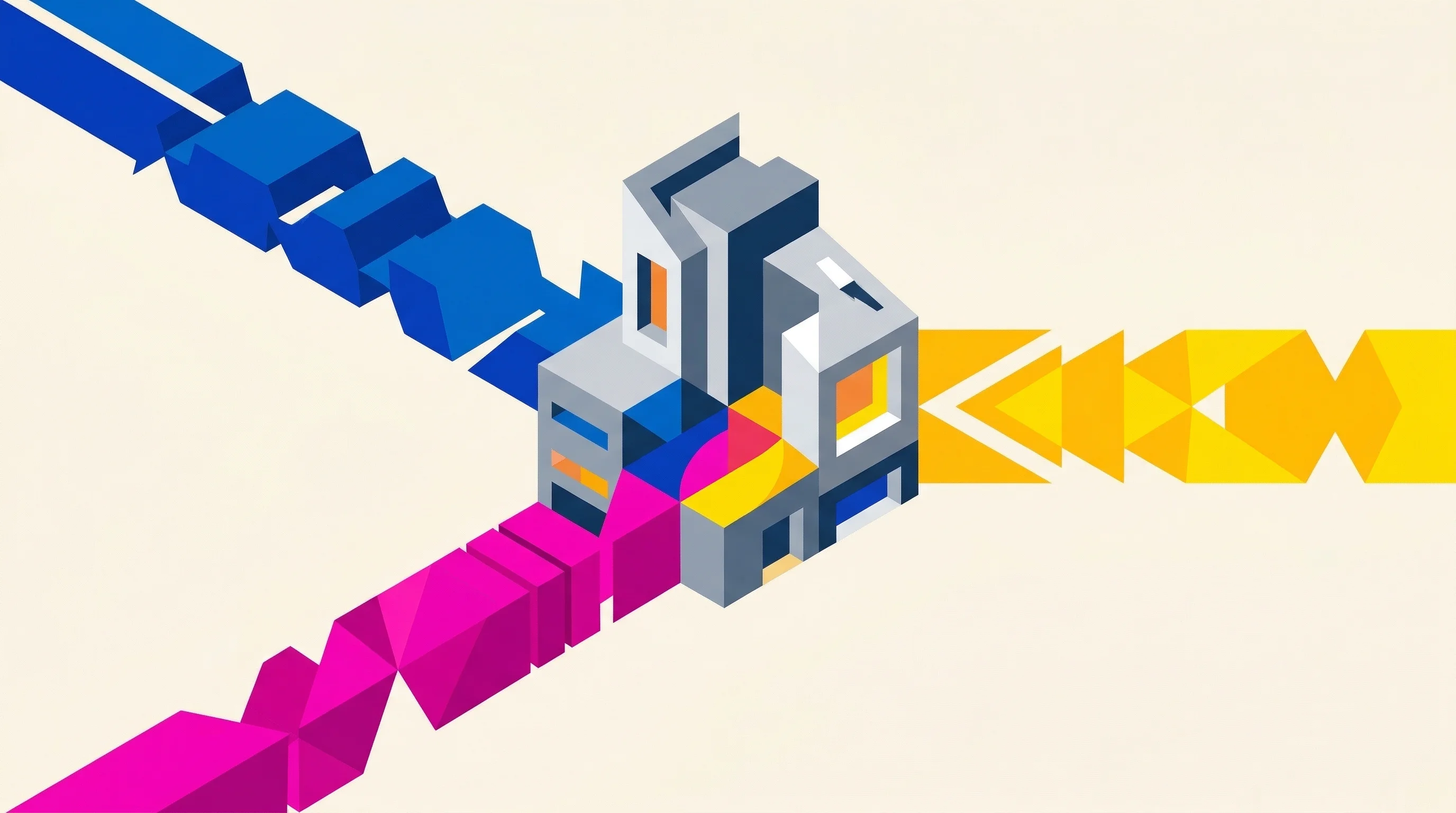 Digital illustration for article section "Three Forces Converging" in "Physics Meets AI: How YC-Backed Inviscid Tackles Building Energy Crisis" - A conceptual flat illustration depicting three distinct geometric streams converging from the edges ...