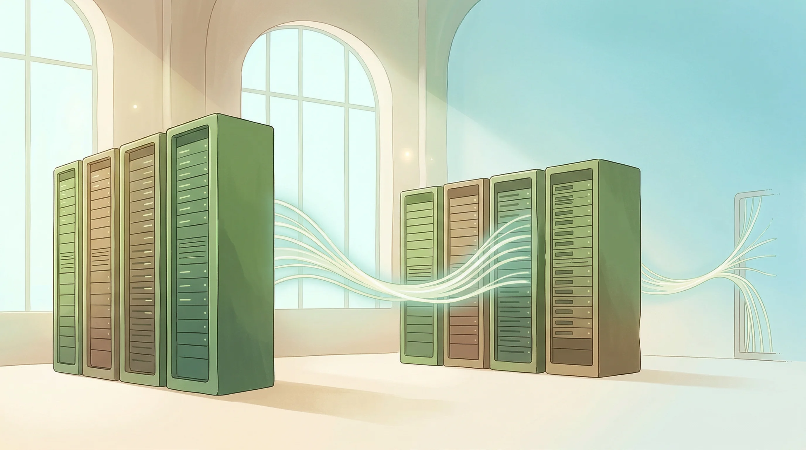Digital illustration for article section "Speed, Scale, and No Custody Headaches" in "Tradeweb Leads $31M Series B in Crossover Markets' Crypto ECN" - A serene and minimalist illustration depicting the interior of a high-performance data center, focus...