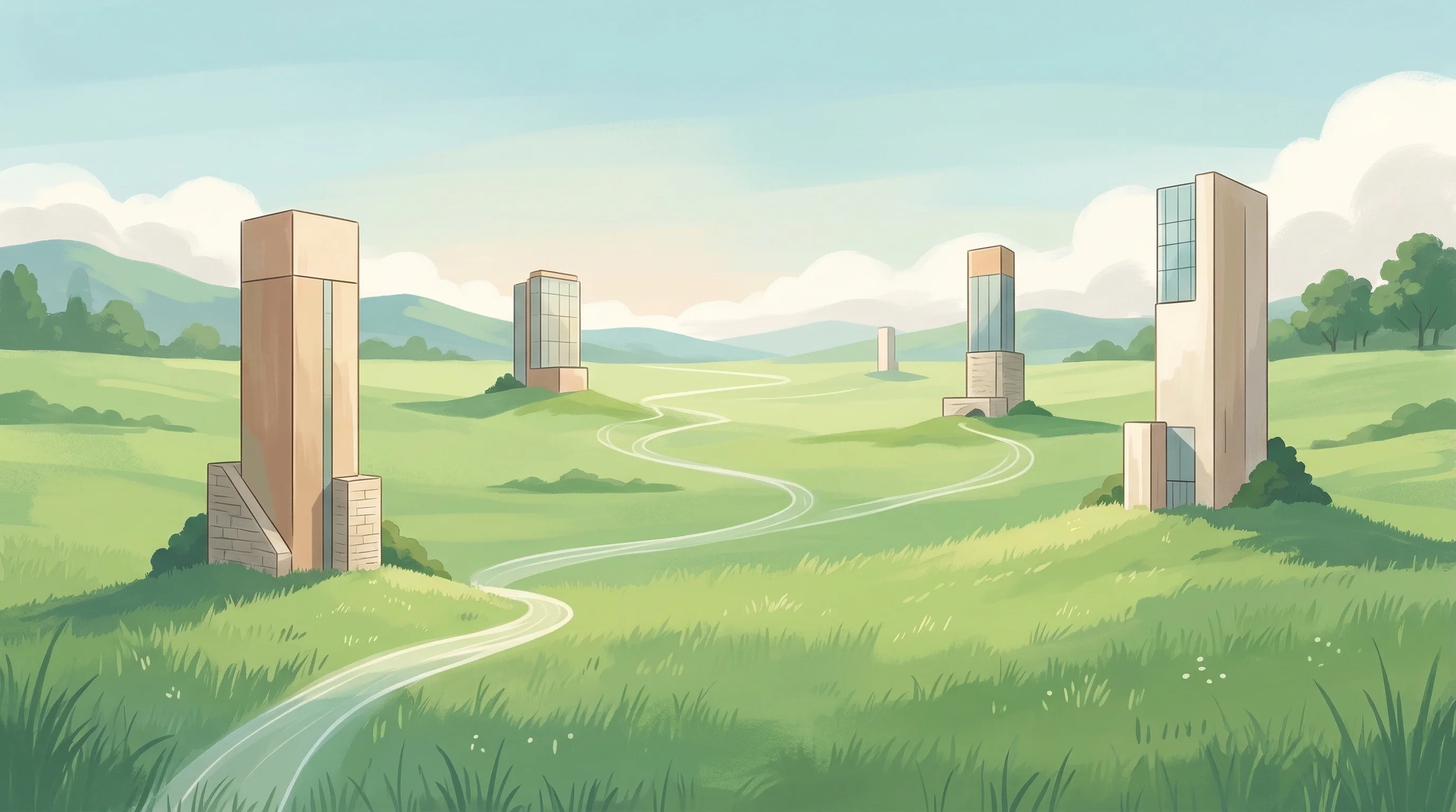 Digital illustration for article section "A Fragmented Landscape" in "Tradeweb Leads $31M Series B in Crossover Markets' Crypto ECN" - A conceptual illustration of a fragmented financial landscape featuring distinct, minimalist archite...