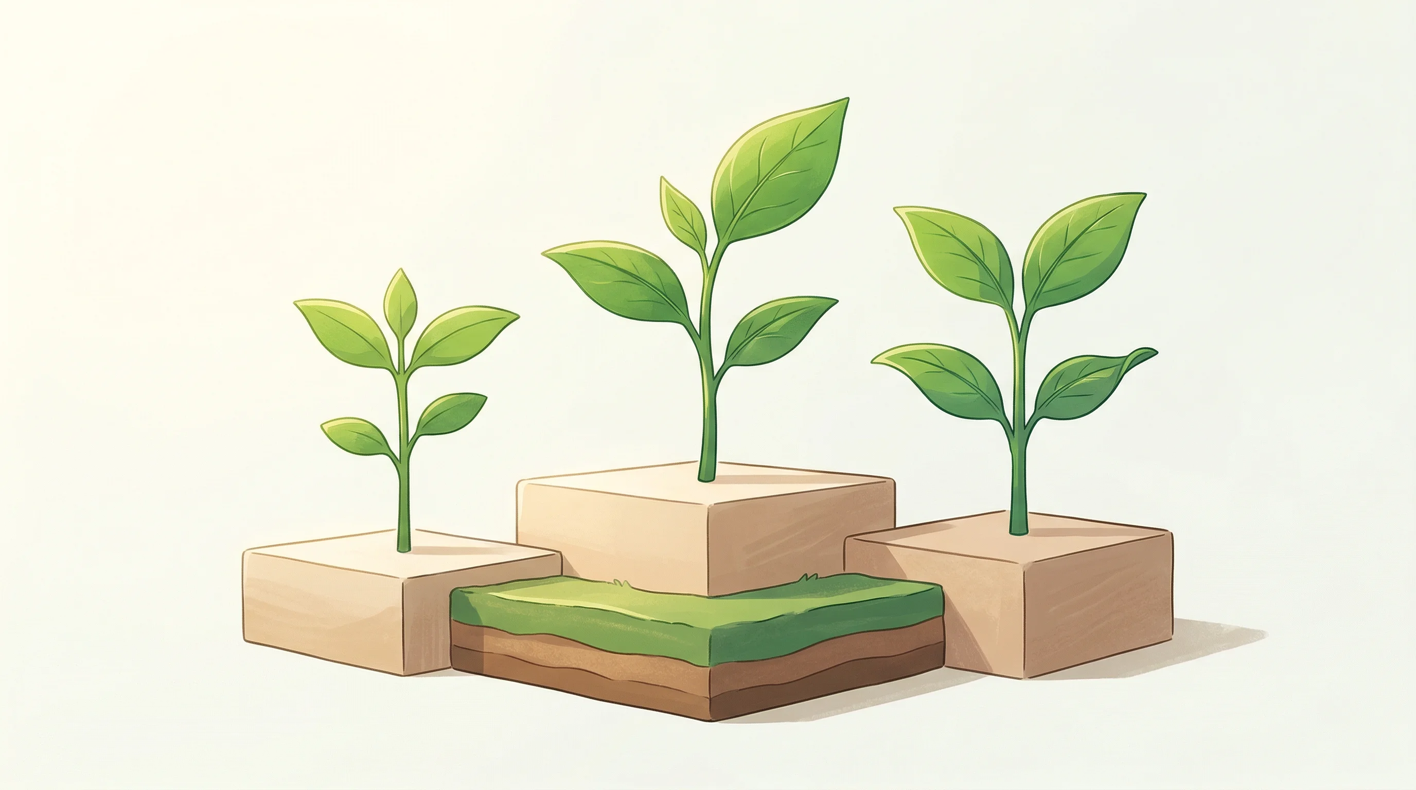 Digital illustration for article section "Three Ways In" in "YC's Autumn AI Launches Real-Time Signal Intel for Sales Teams" - A serene and minimalist illustration depicting three distinct, vibrant green seedlings sprouting ver...