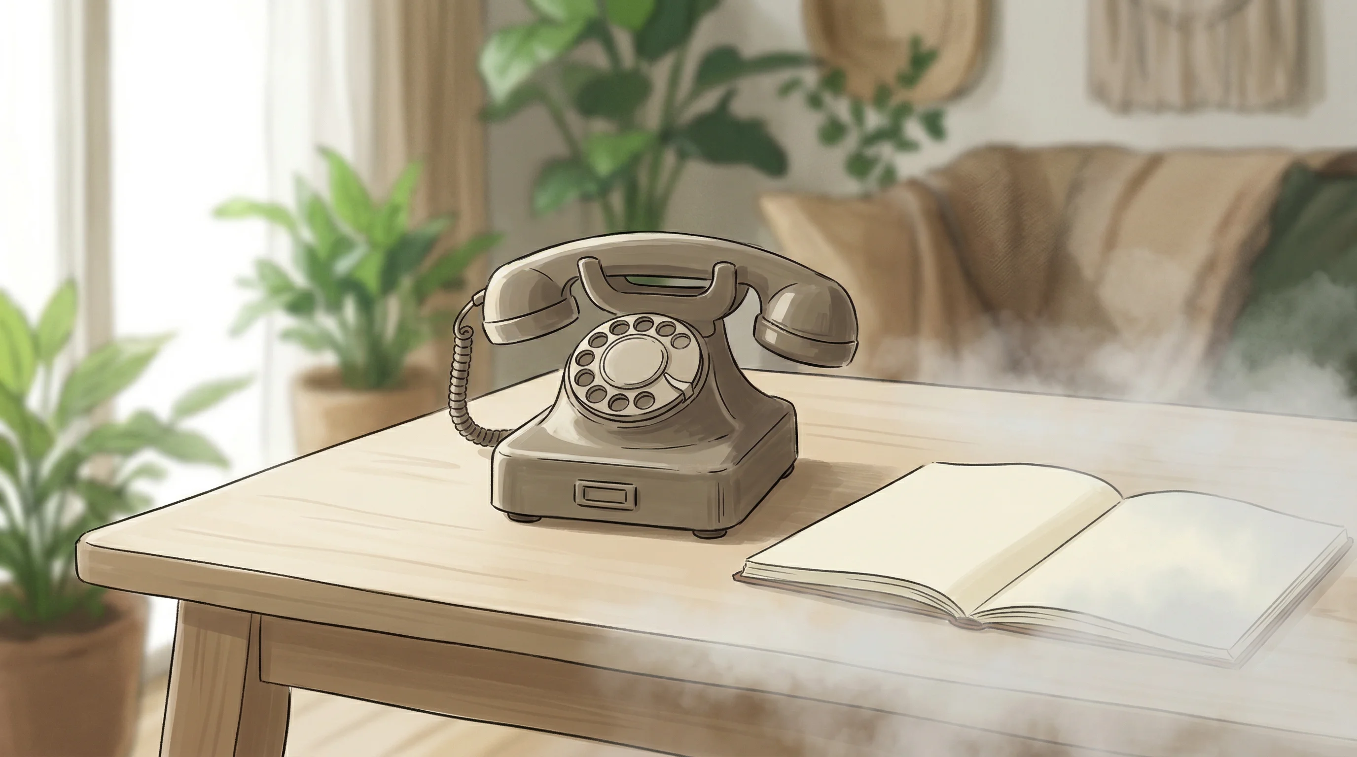 Digital illustration for article section "What We Still Don't Know" in "YC's Autumn AI Launches Real-Time Signal Intel for Sales Teams" - A minimalist, poetic illustration depicting a solitary, elegant telephone resting on a clean wooden ...