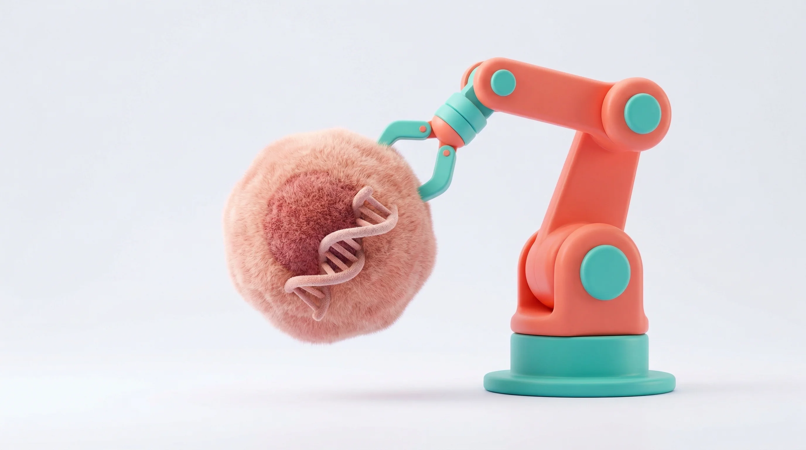 Digital illustration for article section "The Manufacturing Inflection" in "AI-Designed DNA: The Race to Make Gene Therapies Safer" - A conceptual 3D illustration depicting the industrialization of automated CAR-T manufacturing, featu...