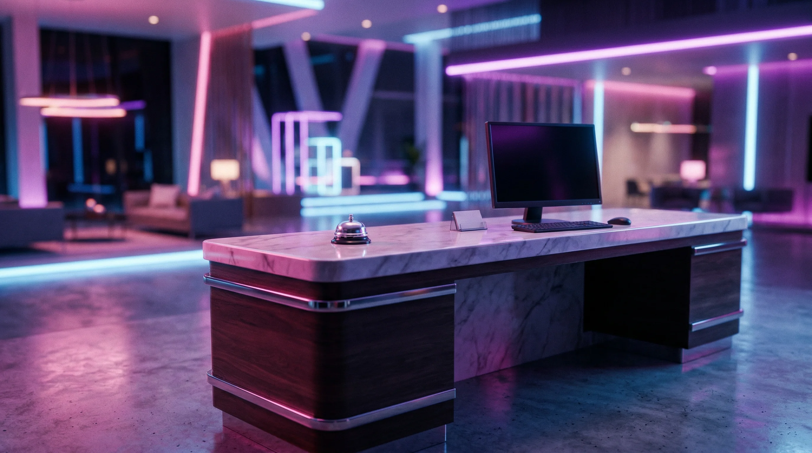 Digital illustration for article section "Content Section 5" in "Lance Lands 50+ Hotels With AI Agents That Run Legacy Hotel Software" - A pristine but noticeably deserted hotel reception desk stands as the central focal point to visuali...