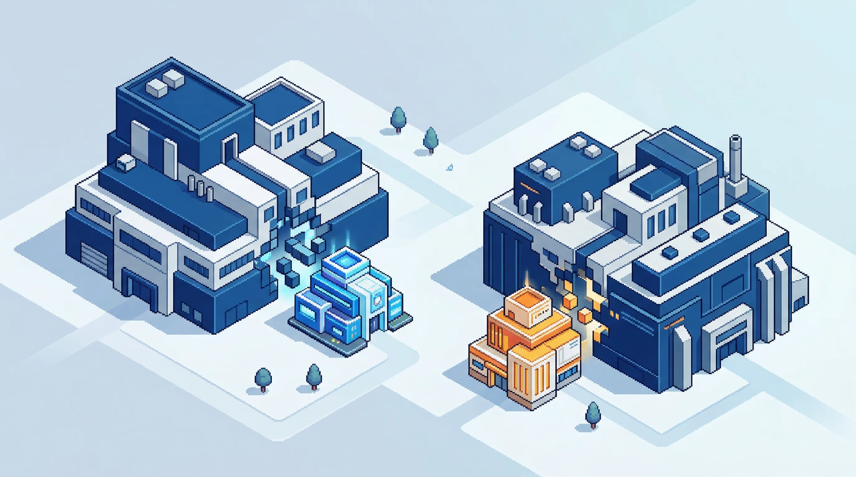 Digital illustration for article section "What the Big Players Are Doing (and Not Doing)" in "How AI Is Solving Biopharma's Hidden Bottleneck in Drug Development" - A conceptual isometric illustration depicting the strategic landscape of analytical instrumentation ...