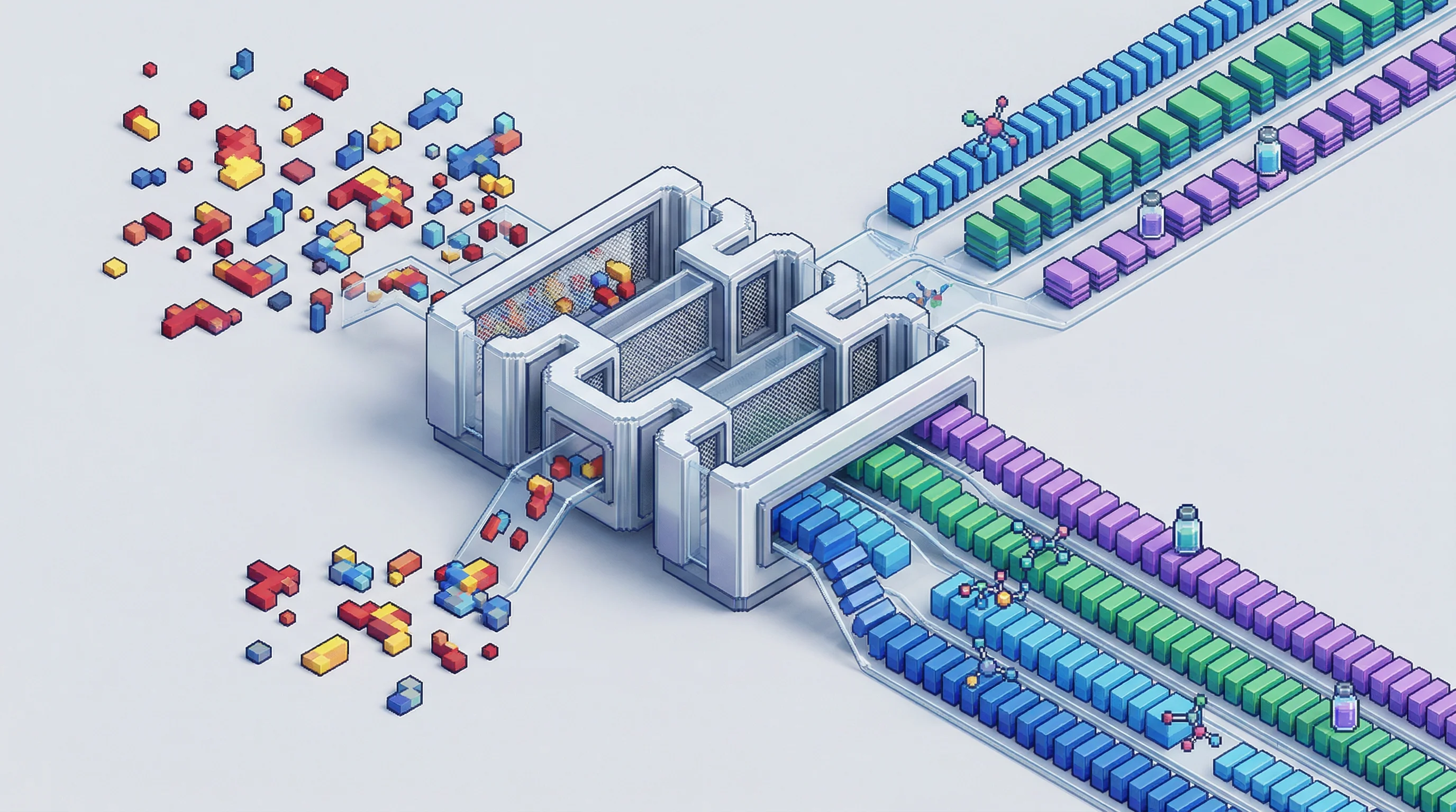 Digital illustration for article section "The Questions That Remain" in "How AI Is Solving Biopharma's Hidden Bottleneck in Drug Development" - A high-fidelity isometric pixel art composition visualizing the concept of data cleaning as a critic...