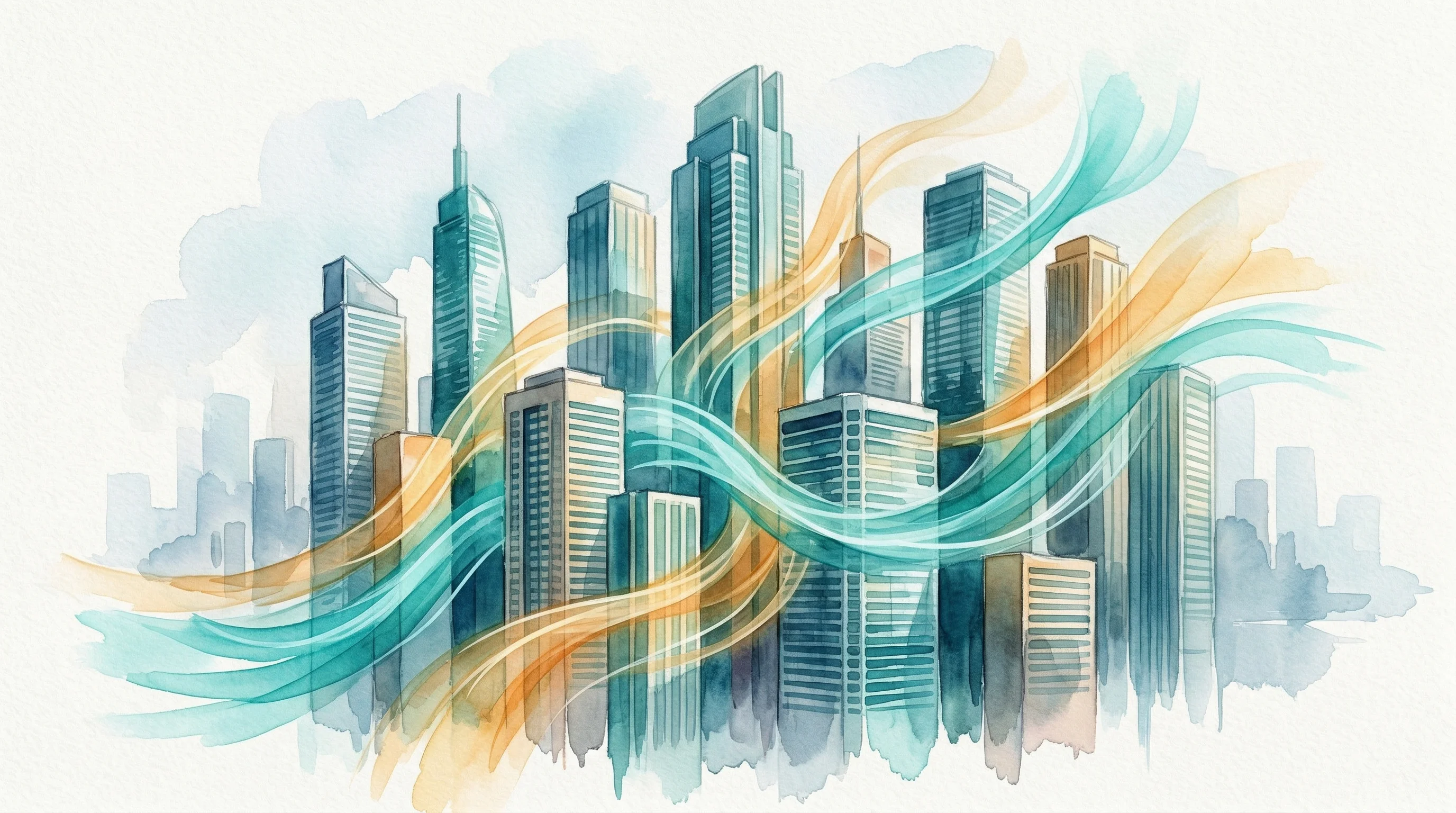 Digital illustration for article section "The Competition Isn't Standing Still" in "YC's Inviscid AI Promises 1000x Faster Building Energy Simulations" - A professional conceptual illustration featuring a cluster of sleek, modern commercial high-rise bui...