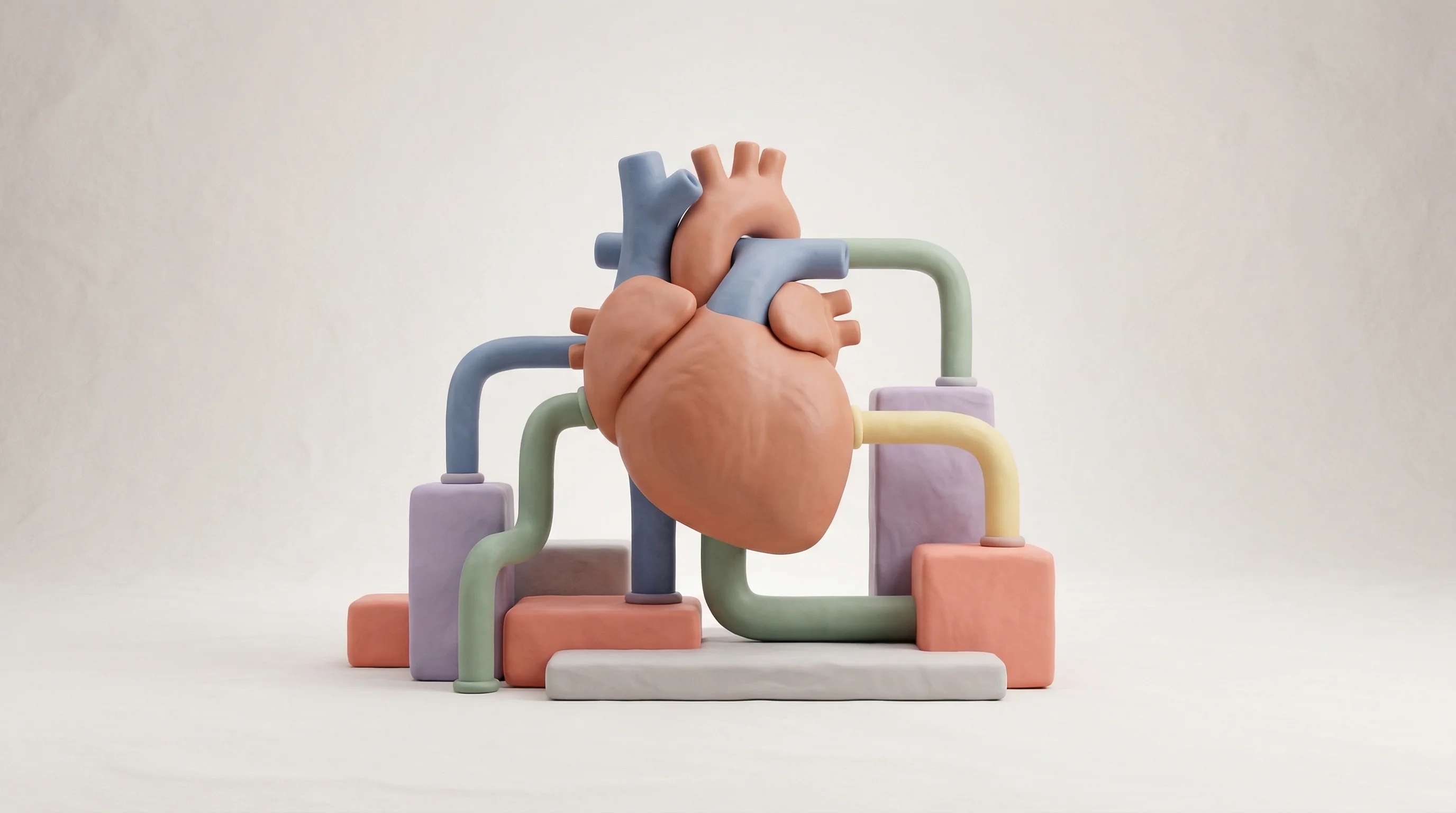 Digital illustration for article section "Who's Building What" in "The Race to Build Digital Humans: Inside Pharma's AI Infrastructure Bet" - A high-end minimalist 3D clay illustration featuring a stylized, anatomical heart model acting as th...