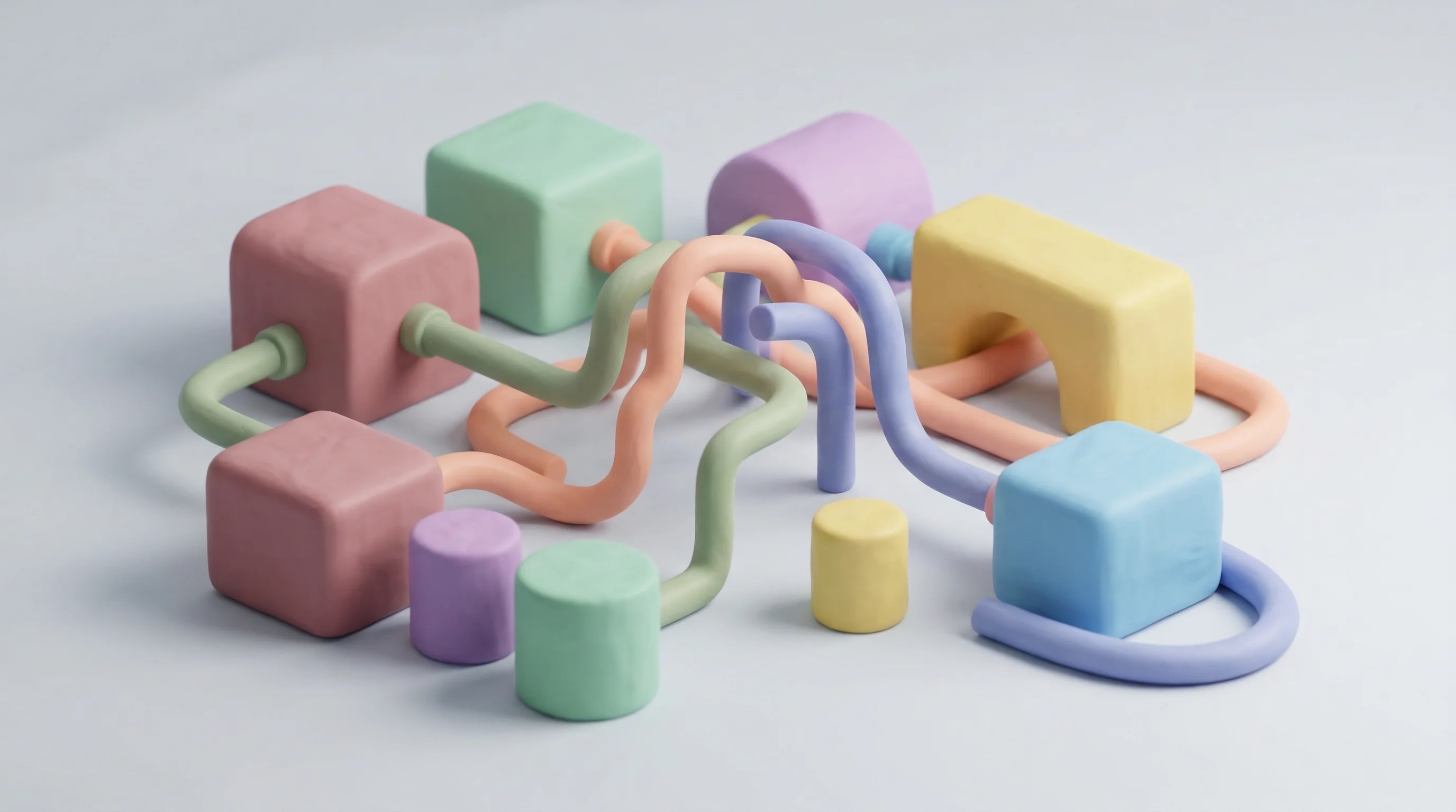 Digital illustration for article section "The Plumbing Problem No One Wants to Talk About" in "The Race to Build Digital Humans: Inside Pharma's AI Infrastructure Bet" - A minimalist 3D clay illustration depicting the metaphorical "plumbing" of pharmaceutical data integ...