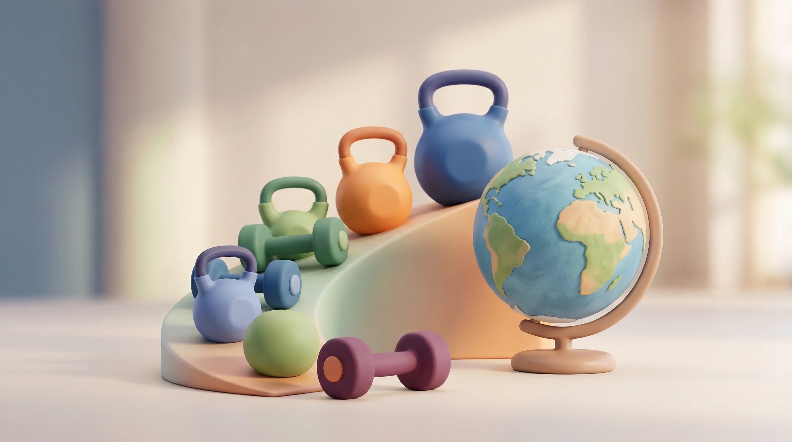 Digital illustration for article section "What Comes Next" in "ROXFIT Raises £1.9M to Scale AI Training Platform for Hybrid Athletes" - A cohesive 3D rendered illustration depicting the growth of a fitness startup, featuring a playful y...