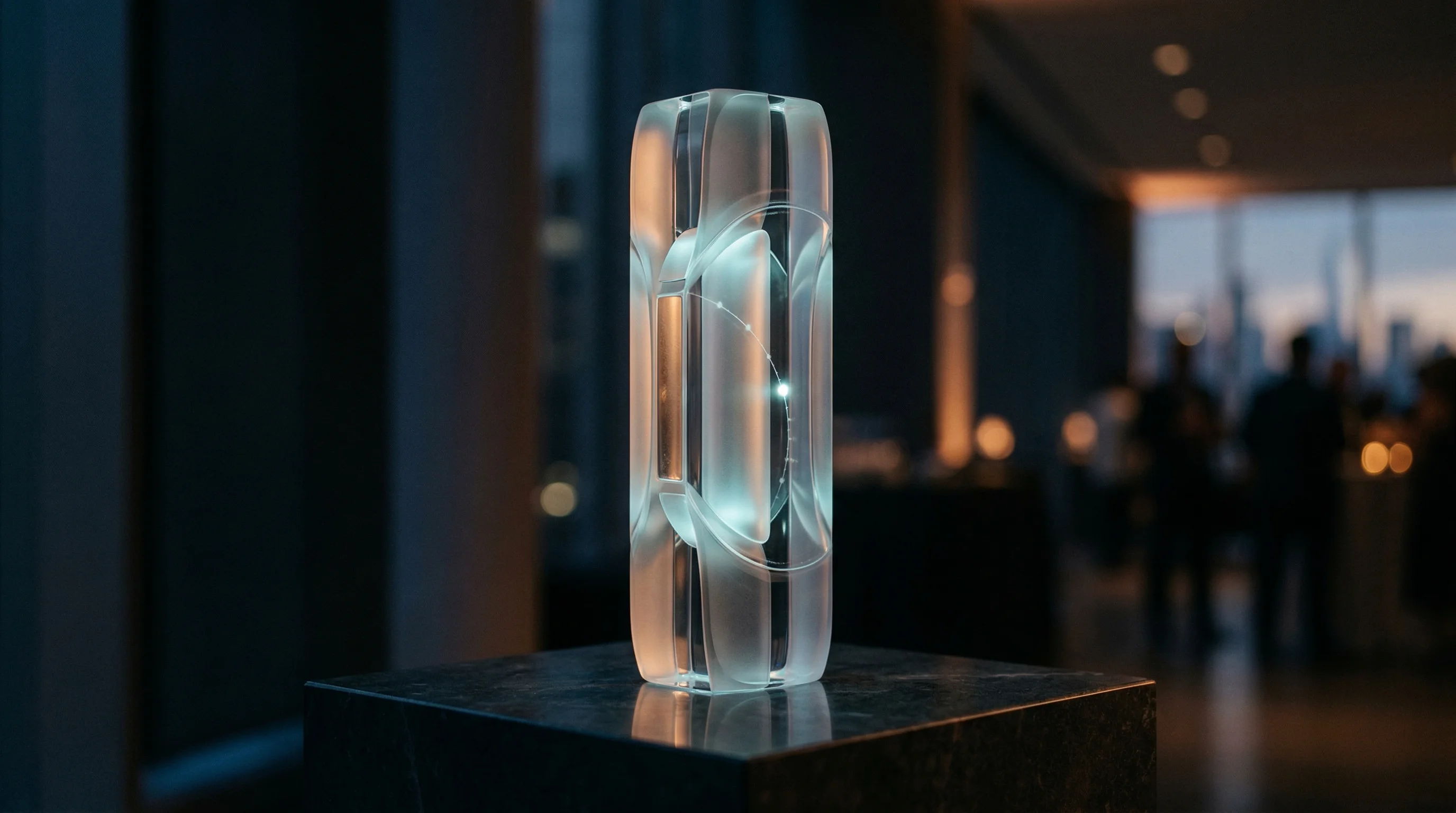 Digital illustration for article section "Timing the Announcement" in "Advocacy Raises $3.5M Seed for AI Litigation Platform" - A sleek, semi-transparent monolith representing a prestigious industry award stands as the central f...
