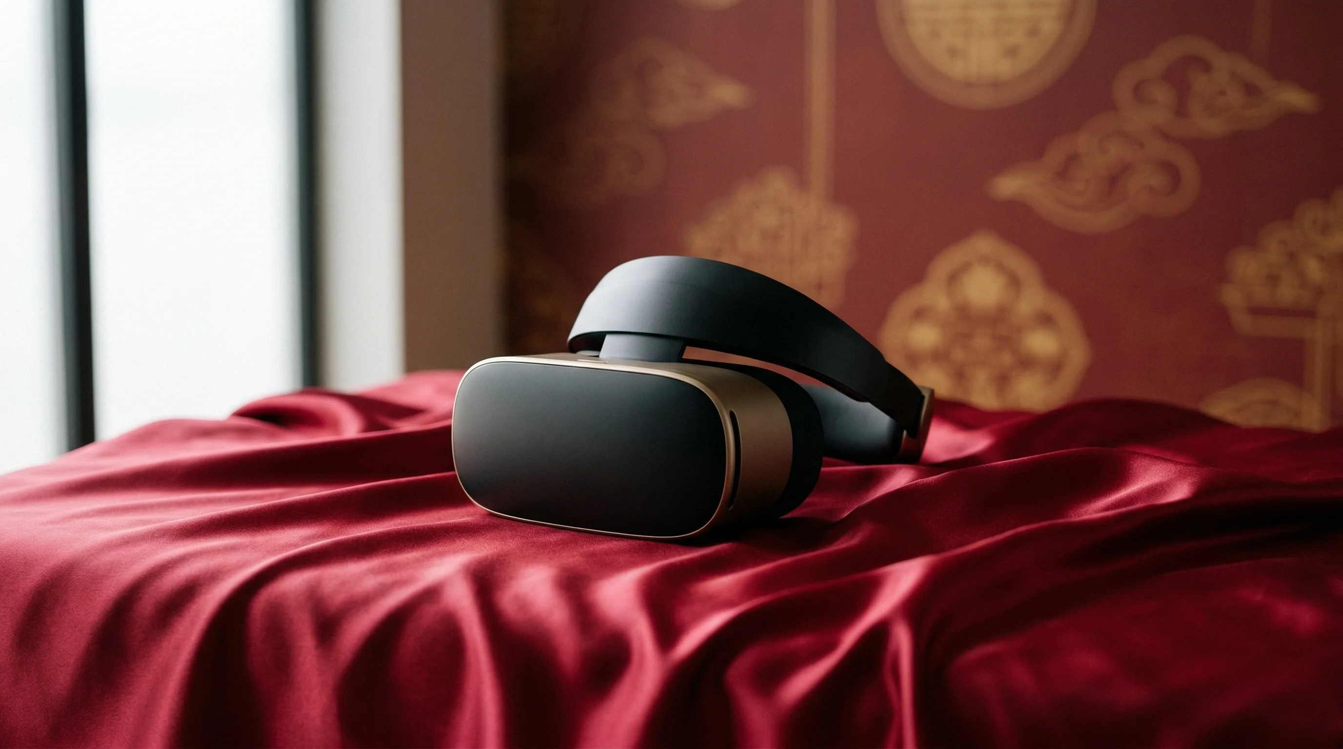Digital illustration for article section "Pain Management Moves Into Virtual Reality" in "Digital Therapeutics 2026: Every FDA-Cleared Prescription App" - A sleek, modern virtual reality headset rests elegantly on a surface of flowing, crimson silk, symbo...