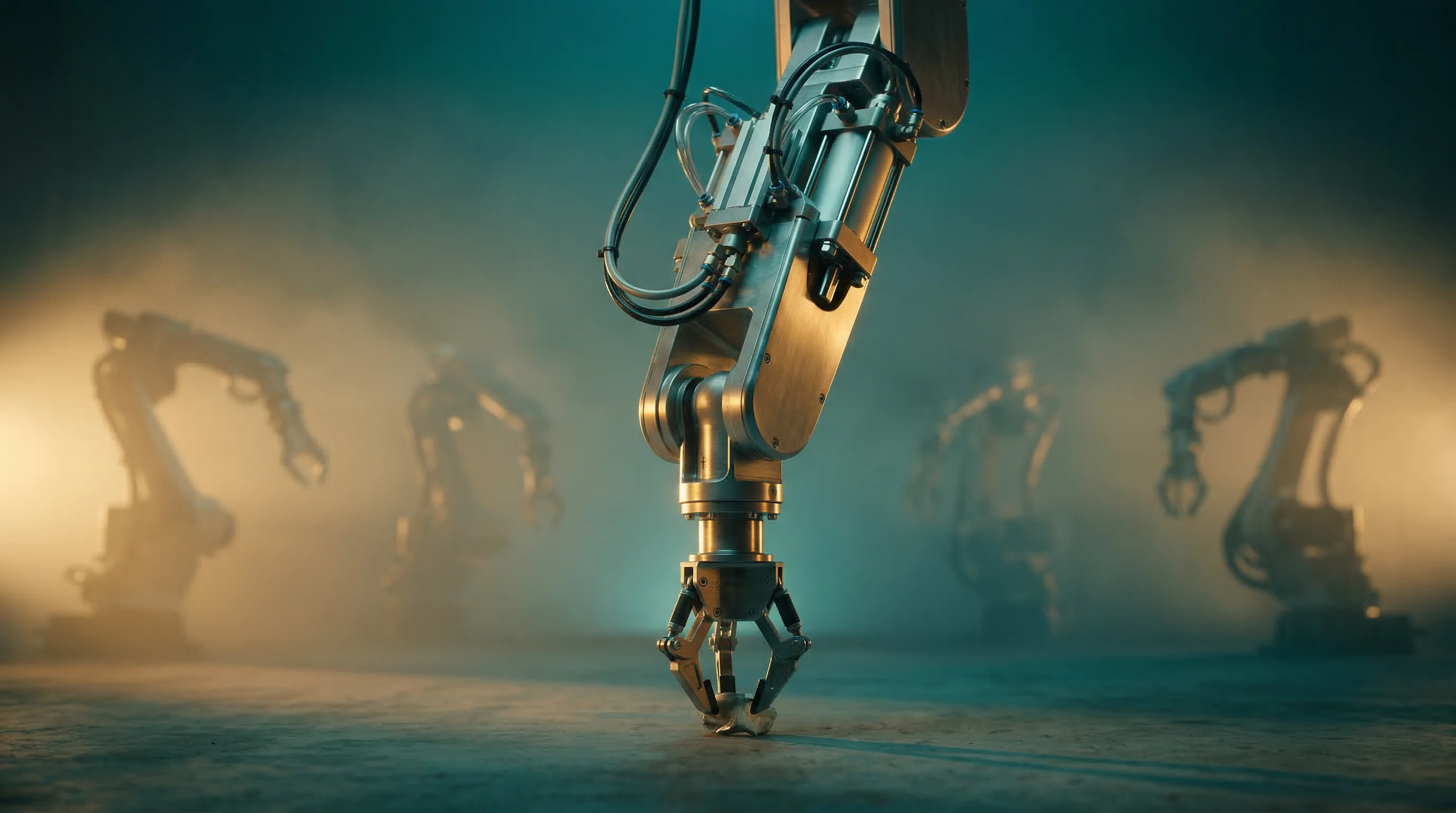 Digital illustration for article section "What's Inside the Box" in "EU Project Unveils Portable AI Recycling Plant for Remote Areas" - A sleek, modern pneumatic robotic arm with an interchangeable gripper serves as the strong central f...