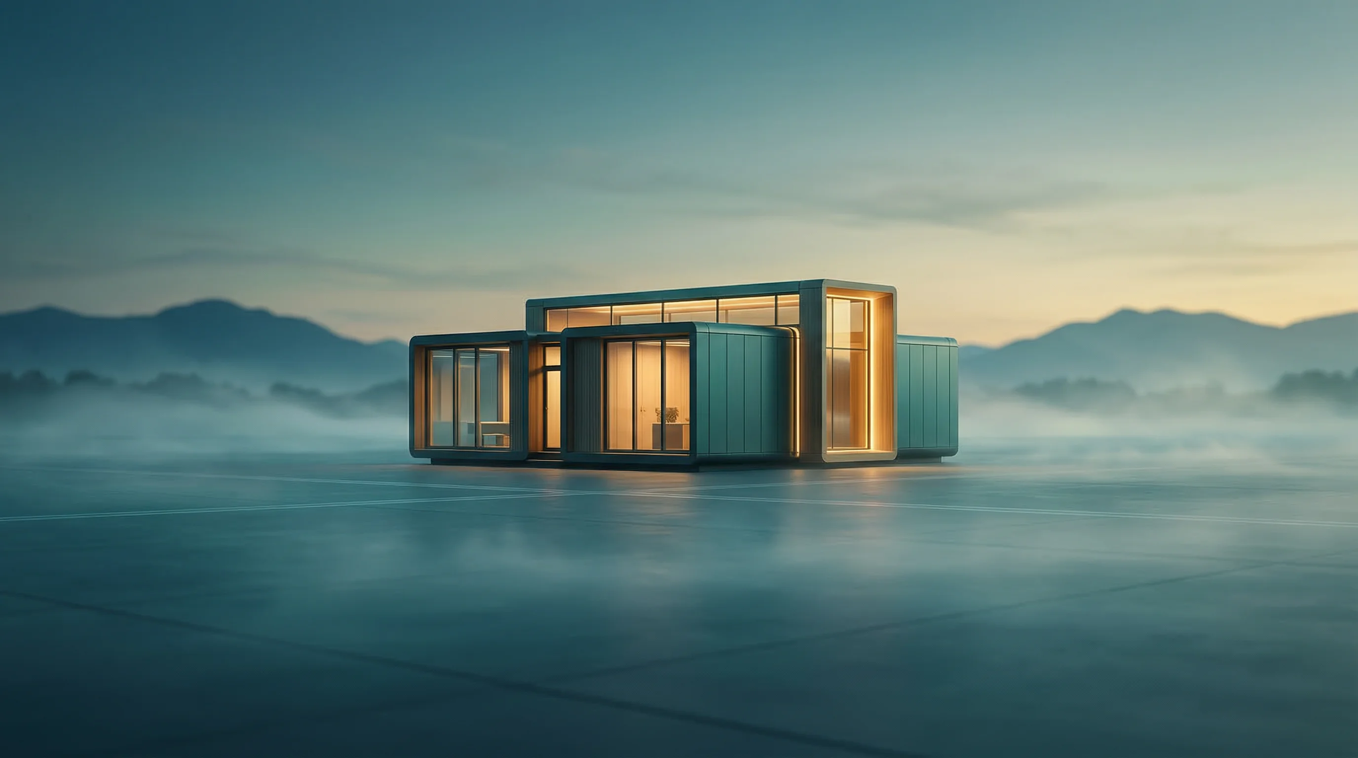 Digital illustration for article section "What Happens Next" in "EU Project Unveils Portable AI Recycling Plant for Remote Areas" - A conceptual, minimalist architectural visualization of a sleek, modern modular eco-facility represe...
