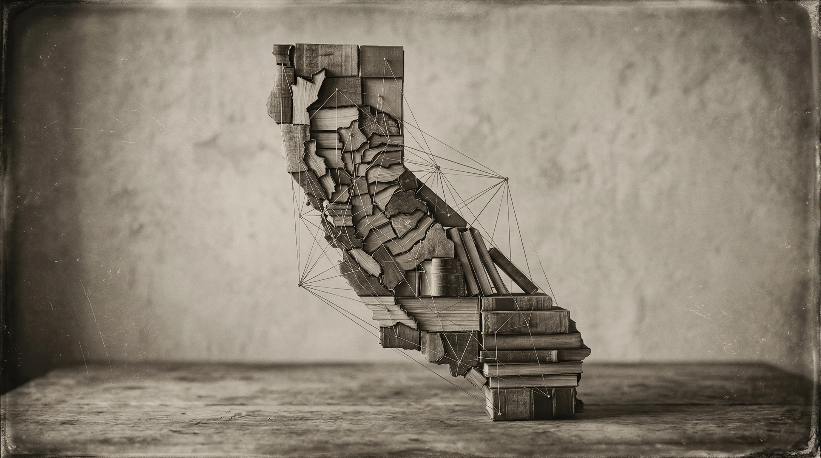 Digital illustration for article section "California's Grand Experiment" in "Nectir Secures $12.5M Series A for AI Platform Lifting Student GPAs" - A conceptual and minimal still life representing a massive educational rollout across California, fe...