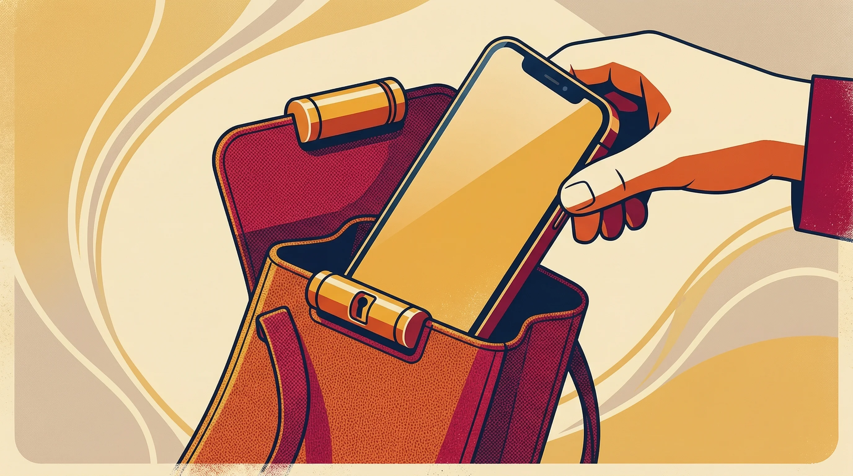 Digital illustration for article section "Software vs. Magnetic Pouches" in "SXSW EDU 2026 Winners: Seven EdTech Startups Tackle Real Classroom Needs" - A conceptual illustration of a sleek modern smartphone being secured inside a minimalist fabric lock...