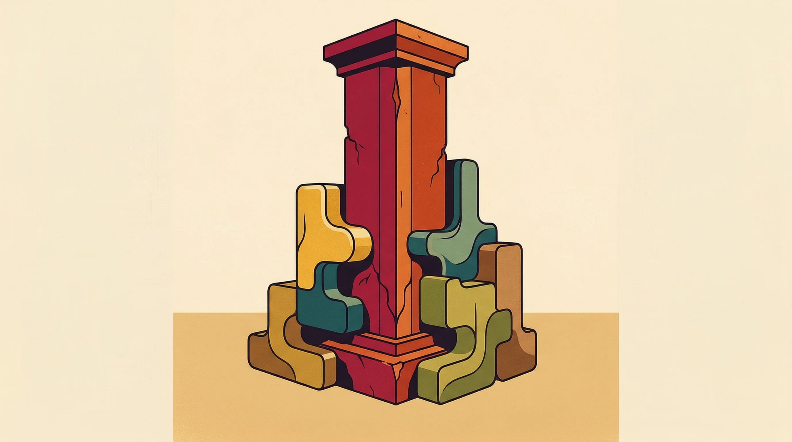 Digital illustration for article section "What Gets Built When the Hype Fades" in "SXSW EDU 2026 Winners: Seven EdTech Startups Tackle Real Classroom Needs" - A minimal and conceptual vintage-style poster illustration representing the creation of solid, lasti...