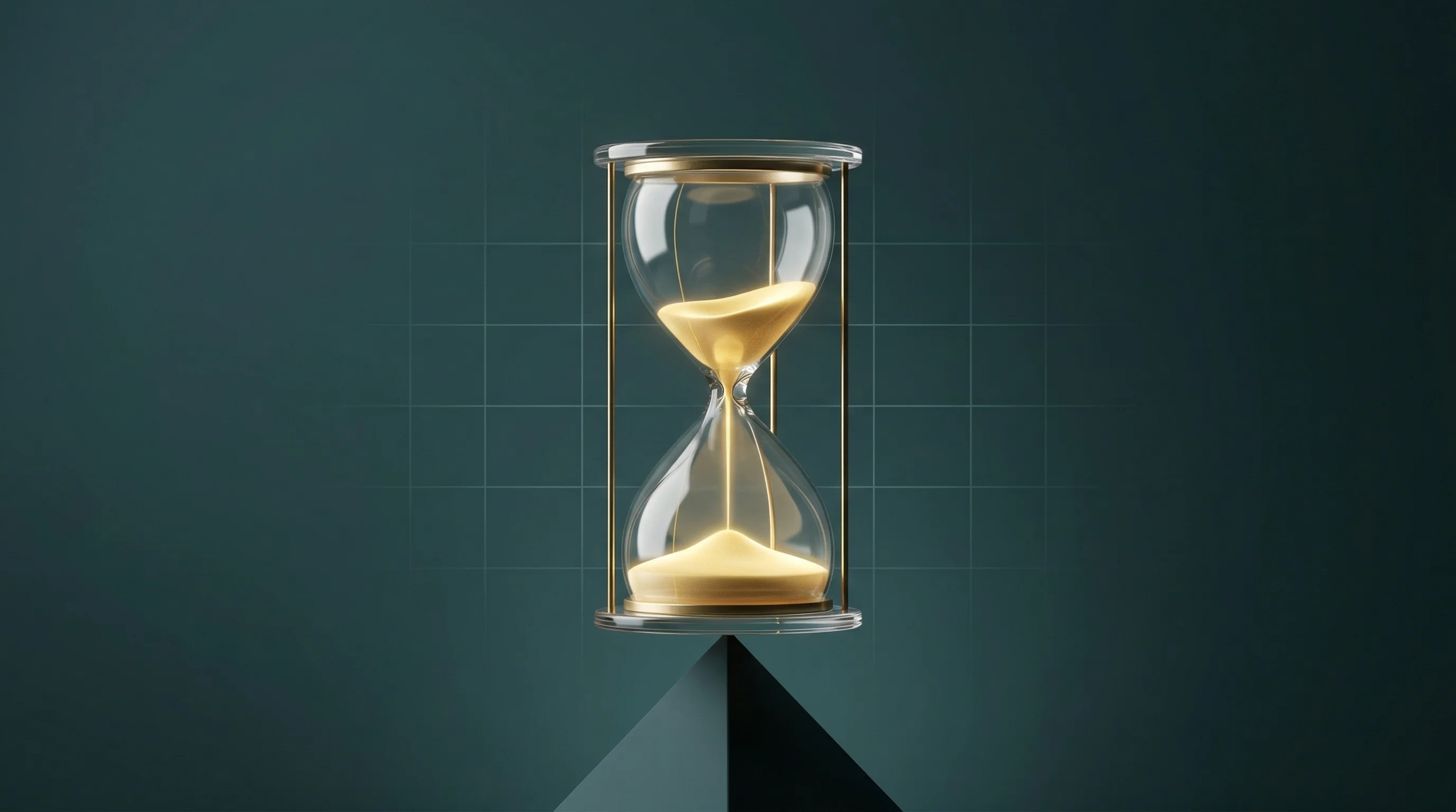 Digital illustration for article section "The Pivot Problem" in "Death Clock Launches AI Blood Testing to Democratize Longevity Care" - A sleek, minimalist conceptual hourglass balancing perfectly on a sharp geometric pivot point, repre...